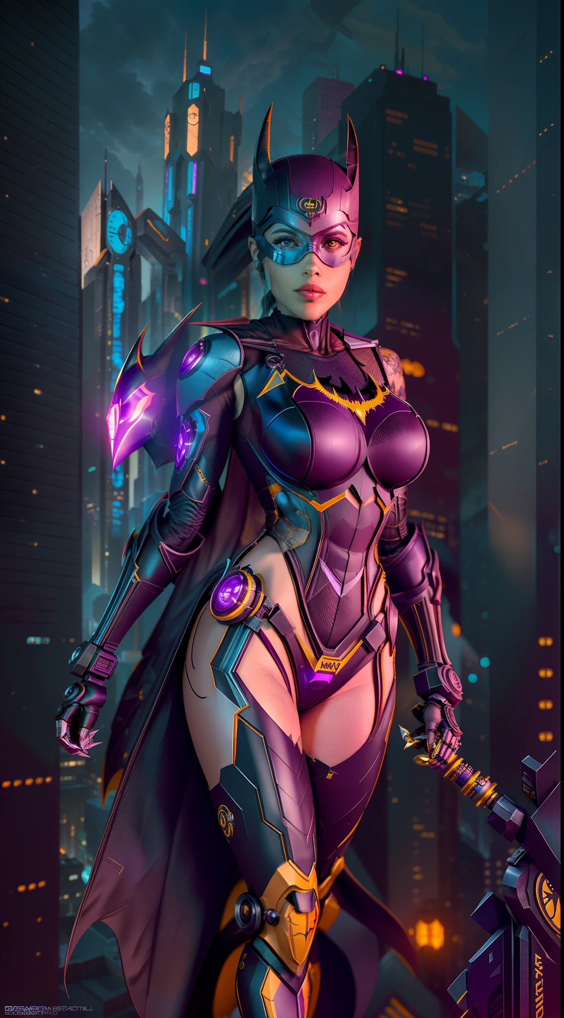 Batgirl from DC photography, biomechanical, complex robot, full growth, hyperrealistic, insane small details, extremely clean lines, cyberpunk aesthetic, masterpiece featured on Zbrush Central