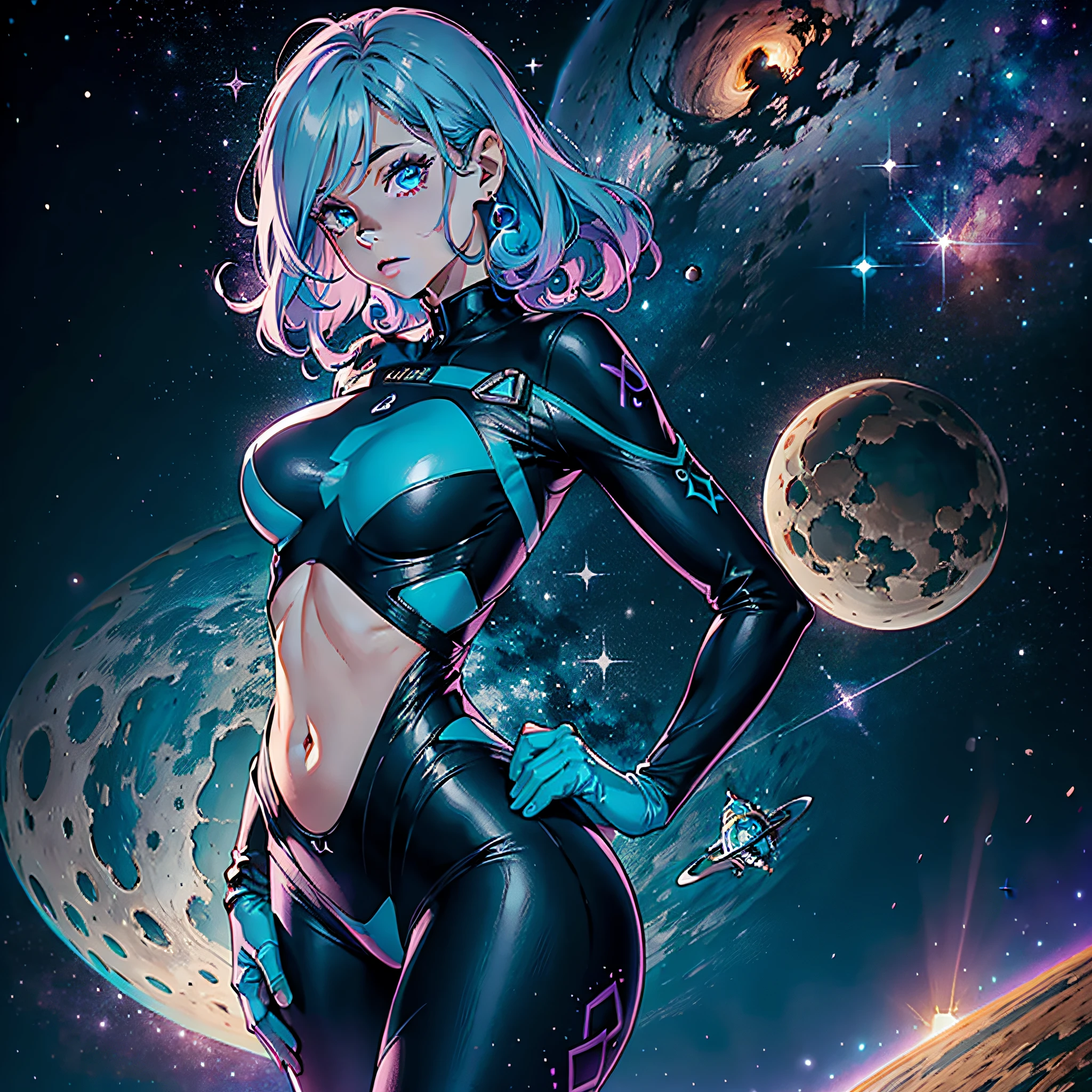 mujer alienigena extraterrestre de grandes ojos de color violeta y piel de color celeste, con la boveda craneal mas alargada que los humanos y hermoso cuerpo curvilineo, se encuentra en sala de control de spacecra