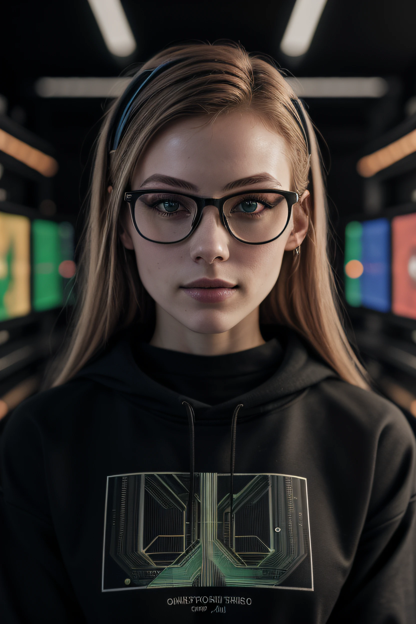 (masterpiece, photorealistic, raw,: 1.4), (very complex: 1.2), close up, cinematic light, side lighting, super high definition, best shadow, RAW, upper body, a very beautiful American hacker girl, hacker sweatshirt, glasses Circular, cyberpunk bokeh and Christmas colors in the background in the server room and hacker environment