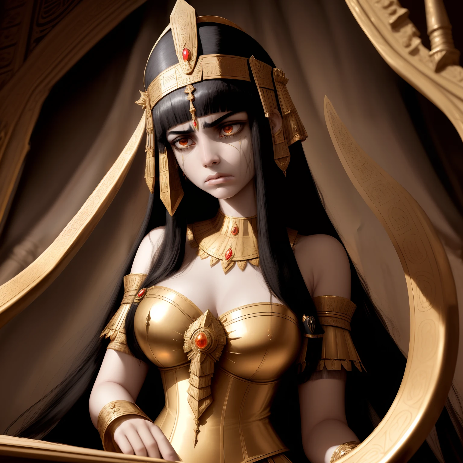 Wide angle of very sad and angry Cleopatra in the royal room committing suisude, adorned in an exquisite and chaste dress, emitting an alluring and magical aura, high quality, high detailed faces." High detailed faces, dark, mysterious, magic