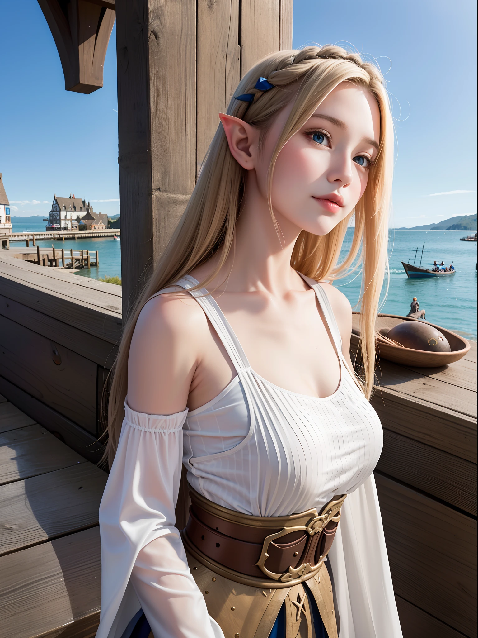 elf girl at the pier, (high fantasy, medieval:1.4), feudal society, lake town, waterfront, wooden boats, upper body, close up to face