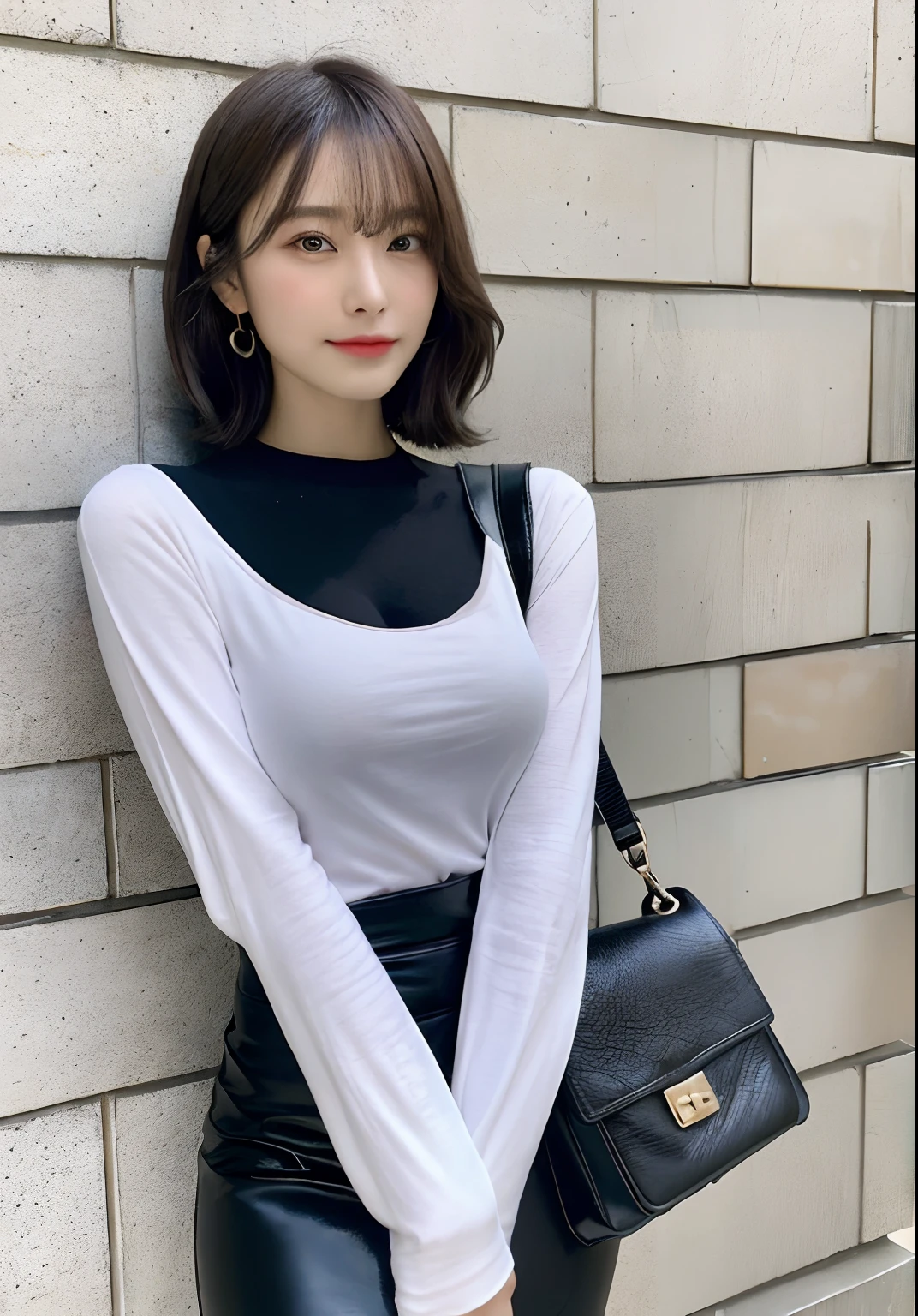 Lustrous skinny knit shirt,(Latex black tight skirt),Leather shoulder bag,dynamicposes,Lenses below the waist,haunting smile,moist lips,irises and pupils are rounded,the pupil reflelts the surroundings,Eye sizes vary,hoop earings, Middle eye,perfect eyes,watered eyes,Thick bangs, Thin leg, highdetailskin, Visible Pore,big cleavage breasts, Pink lip makeup, 19-year-old Japanese girl leans against the wall of a university building near University Avenue,A leather bag hangs from his shoulder, Clothes were torn apart,exposing her chest,超高分辨率, realisticlying, realisticlying, Front light, profesional lighting, best qualtiy, photo-realistic, photon maping, Radio City, physically-based renderingt, automatic white balance, tech sense, best qualtiy, tmasterpiece, illustratio, CG, Solidarity, the wallpaper, offcial art,astounding,finely detailled,Extremely refined and beautiful,The is very detailed,highly detailed,Clear focus,Rich background,vague background,Strong sunshine,Real people,photore。