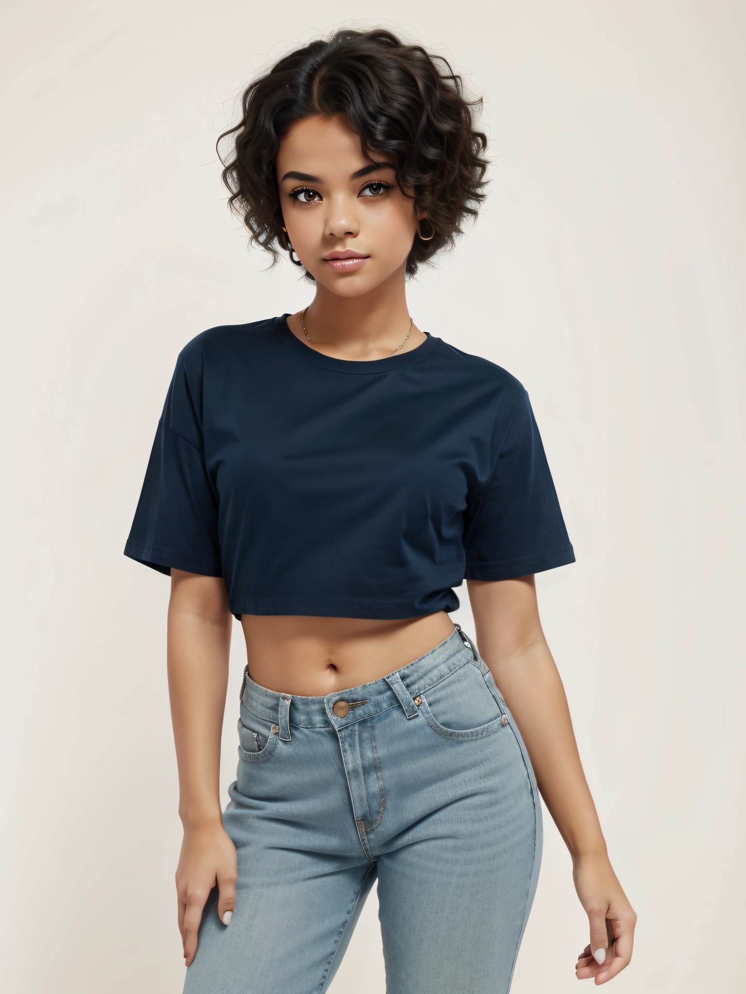 Mulatto woman wearing dark blue t-shirt, with black hair, green eyes, trendy pose, hip hop style, realistic image, white background, no background, full body image