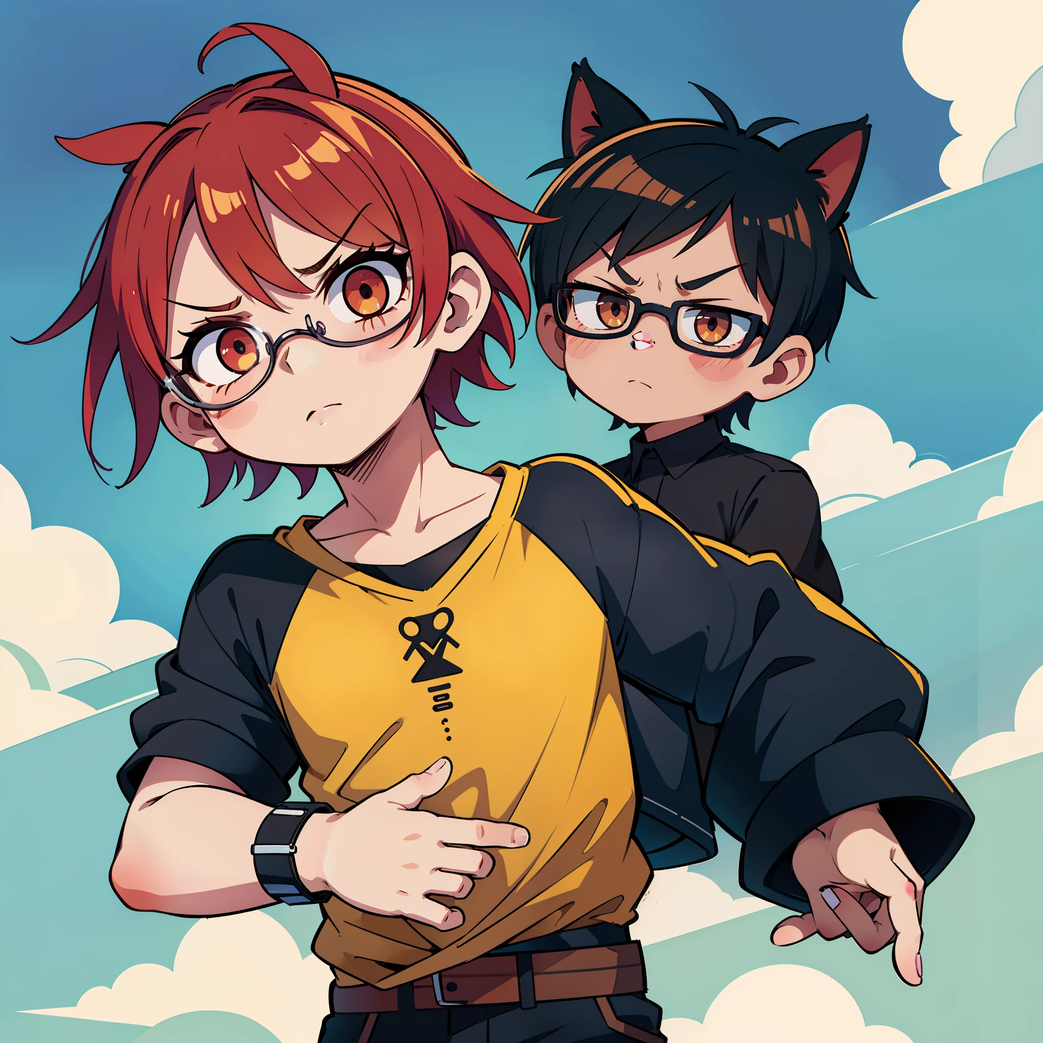 Chibi, Chibi boy, cute Sticker, 1_boy, vetorizado: 1.3, casaco preto, camisa branca, eyeglass, olhos vermelhos, pose frontal, serious face, cold expression
