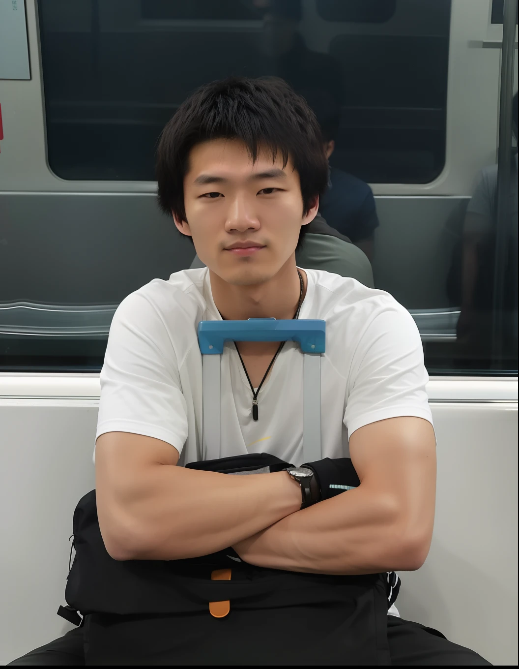 Arafed man sitting on a subway bench，arms folded, South Korean male, kousuke oono, Chen Zezhou, chengwei pan, Asian male, xintong chen, wenjun lin, yihao ren, xiaofan zhang, tomohiro shimoguchi, emmanuel shiu, Norihiro Yagi, 2 7 years old