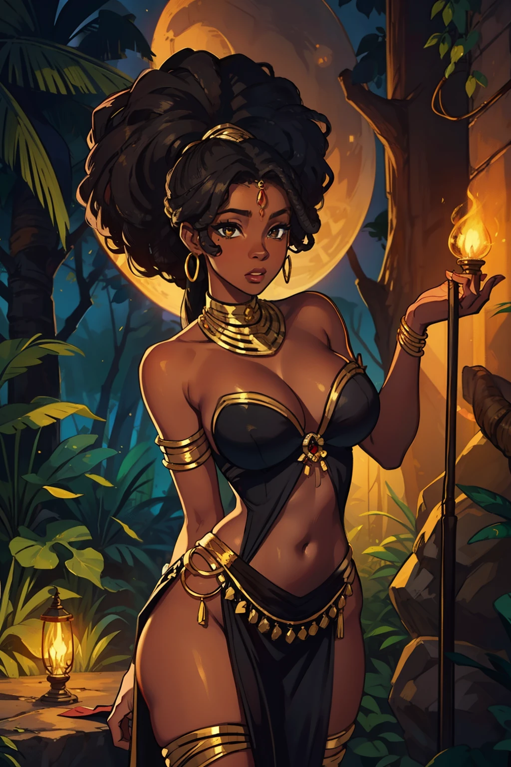 a sexy African woman with a provocative body African beauty and sensuality in the midst of a jungle festival with torchlights in a medieval setting an African festival highlighting the beauty of the African woman's body with provocative gold-plated clothes a sexy African woman black skin gold-plated black skin African beauty in a medieval art in the jungle at night and the night darkness she is dancing with her sensual and warm body, curly African hair, voluminous curly hair and African features;