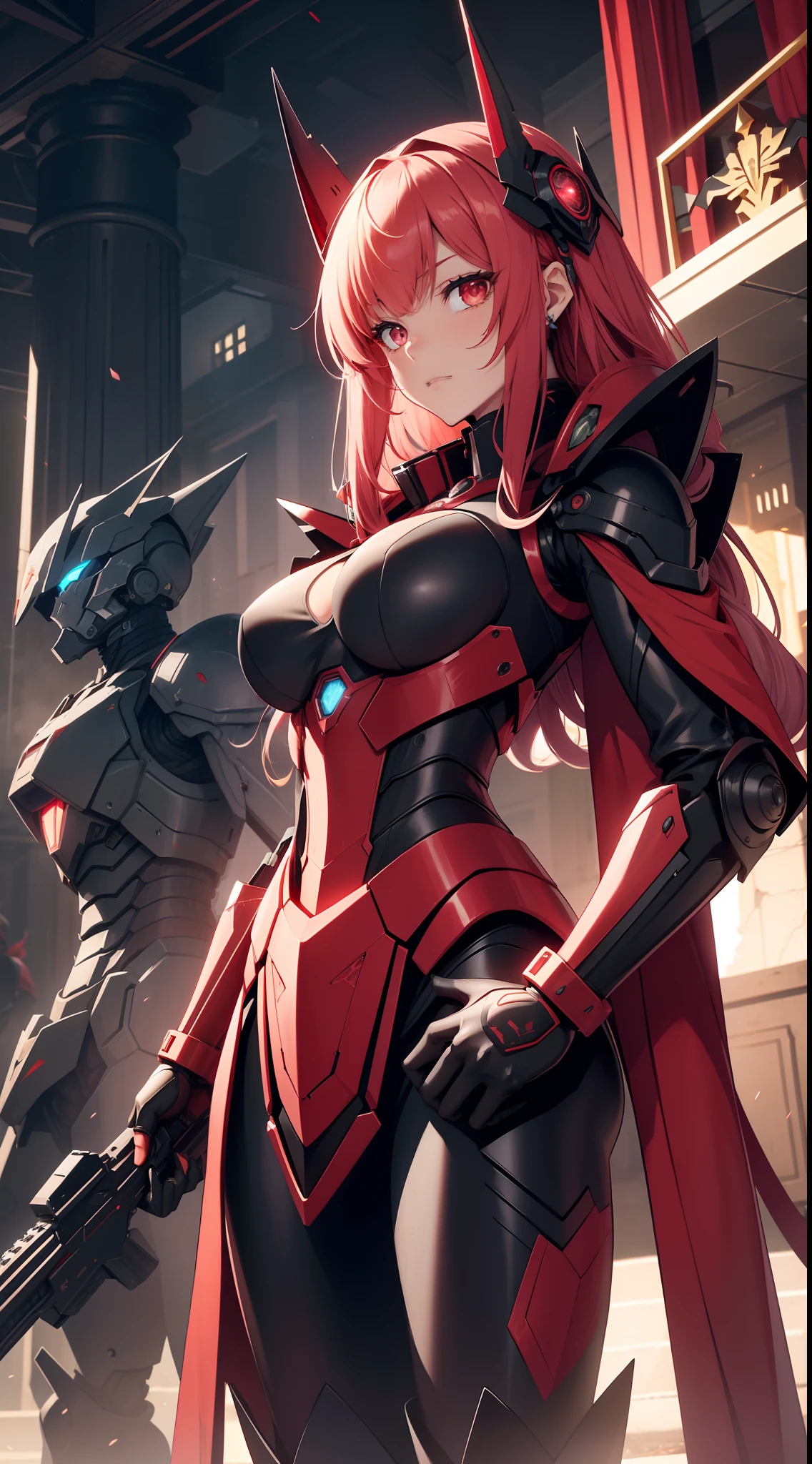 red hairs、1 Female Robot、Reddish pinkish dress、Wearing black armor over the dress、place々It is a gold rose design、The skirt of the dress is made of velour fabric、The weapon is a rose thorny gun、There are ring-shaped mines of thorns、The face is covered with a mechanical mask that looks like a motorcycle helmet、The upper part of the mask is reddish-pink、The chin of the mask is white、The mouth of the mask is fangs like a vampire、The eyes of the mask are goggle-shaped、The eyes of the mask are glowing red、The mask has a large black ribbon on the head.、Transformation Belt、Wearing pin heels trimmed with black gold、Battlesuit like a mechanical dress、Each part has frills、8K、Crisp Contours、The octopus mascot character will appear on the screen、The background is a castle garden with blooming roses、a beautiful girl character、Anime Touch、Anime filling、The weapon is a machine gun intertwined with gold and black and rose ivy、Wearing futuristic black metal armor、Armor covers shoulders and chest、cyberpunked、The shadow color is a vivid color、Near future、Clothing Cyber Design、The weapon is a machine gun about your own length、The body is almost robotic、The robot has black armor with golden lines、The armor is a rose design、Gundam、Ahmad Koa、ironman、Armored Trooper Votoms、macross、Squadron theft、Five Star Stories、Elgeim、Giant Female Robot、Cybele、Mobilesuit、Rosen Zuhl、kshatriya、The head is a mechanism、Have a railgun bigger than your height、Large firearms