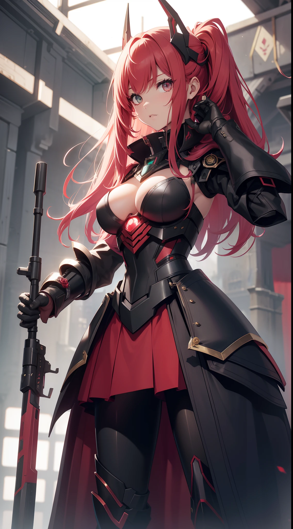 red hairs、1 Female Robot、Reddish pinkish dress、Wearing black armor over the dress、place々It is a gold rose design、The skirt of the dress is made of velour fabric、The weapon is a rose thorny gun、There are ring-shaped mines of thorns、The face is covered with a mechanical mask that looks like a motorcycle helmet、The upper part of the mask is reddish-pink、The chin of the mask is white、The mouth of the mask is fangs like a vampire、The eyes of the mask are goggle-shaped、The eyes of the mask are glowing red、The mask has a large black ribbon on the head.、Transformation Belt、Wearing pin heels trimmed with black gold、Battlesuit like a mechanical dress、Each part has frills、8K、Crisp Contours、The octopus mascot character will appear on the screen、The background is a castle garden with blooming roses、a beautiful girl character、Anime Touch、Anime filling、The weapon is a machine gun intertwined with gold and black and rose ivy、Wearing futuristic black metal armor、Armor covers shoulders and chest、cyberpunked、The shadow color is a vivid color、Near future、Clothing Cyber Design、The weapon is a machine gun about your own length、The body is almost robotic、The robot has black armor with golden lines、The armor is a rose design、Gundam、Ahmad Koa、ironman、Armored Trooper Votoms、macross、Squadron theft、Five Star Stories、Elgeim、Giant Female Robot、Cybele、Mobilesuit、Rosen Zuhl、kshatriya、The head is a mechanism、Have a railgun bigger than your height、Large firearms