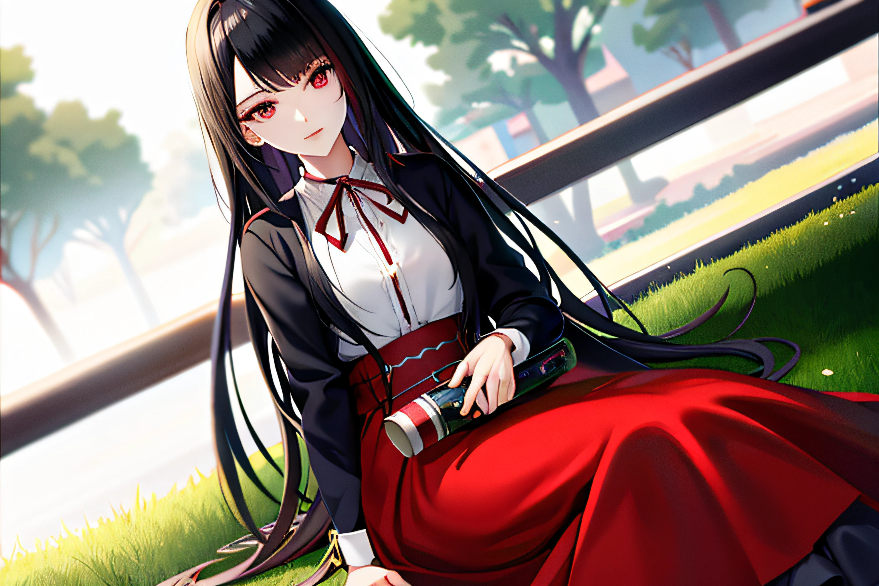Garota anime com cabelo preto longo sentado em um banco com uma bolsa vermelha, arte cg anime suave, Menina anime com cabelo longo, arte de anime realista, menina bonita do anime high school, anime moe artstyle, visual novel cg |, estilo anime 4K, Tohsaka also., (menina anime), estilo anime. 8k, hd anime wallaper