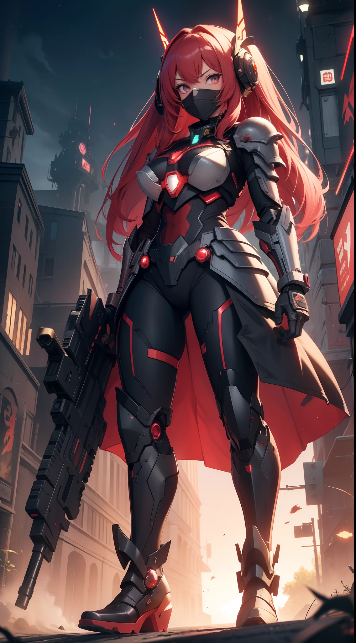 red hairs、1 Female Robot、Reddish pinkish dress、Wearing black armor over the dress、place々It is a gold rose design、The skirt of the dress is made of velour fabric、The weapon is a rose thorny gun、There are ring-shaped mines of thorns、The face is covered with a mechanical mask that looks like a motorcycle helmet、The upper part of the mask is reddish-pink、The chin of the mask is white、The mouth of the mask is fangs like a vampire、The eyes of the mask are goggle-shaped、The eyes of the mask are glowing red、The mask has a large black ribbon on the head.、Transformation Belt、Wearing pin heels trimmed with black gold、Battlesuit like a mechanical dress、Each part has frills、8K、Crisp Contours、The octopus mascot character will appear on the screen、The background is a castle garden with blooming roses、a beautiful girl character、Anime Touch、Anime filling、The weapon is a machine gun intertwined with gold and black and rose ivy、Wearing futuristic black metal armor、Armor covers shoulders and chest、cyberpunked、The shadow color is a vivid color、Near future、Clothing Cyber Design、The weapon is a machine gun about your own length、The body is almost robotic、The robot has black armor with golden lines、The armor is a rose design、Gundam、Ahmad Koa、ironman、Armored Trooper Votoms、macross、Squadron theft、Five Star Stories、Elgeim、Giant Female Robot、Cybele、Mobilesuit、Rosen Zuhl、kshatriya、The head is a mechanism、Have a railgun bigger than your height、Large firearms