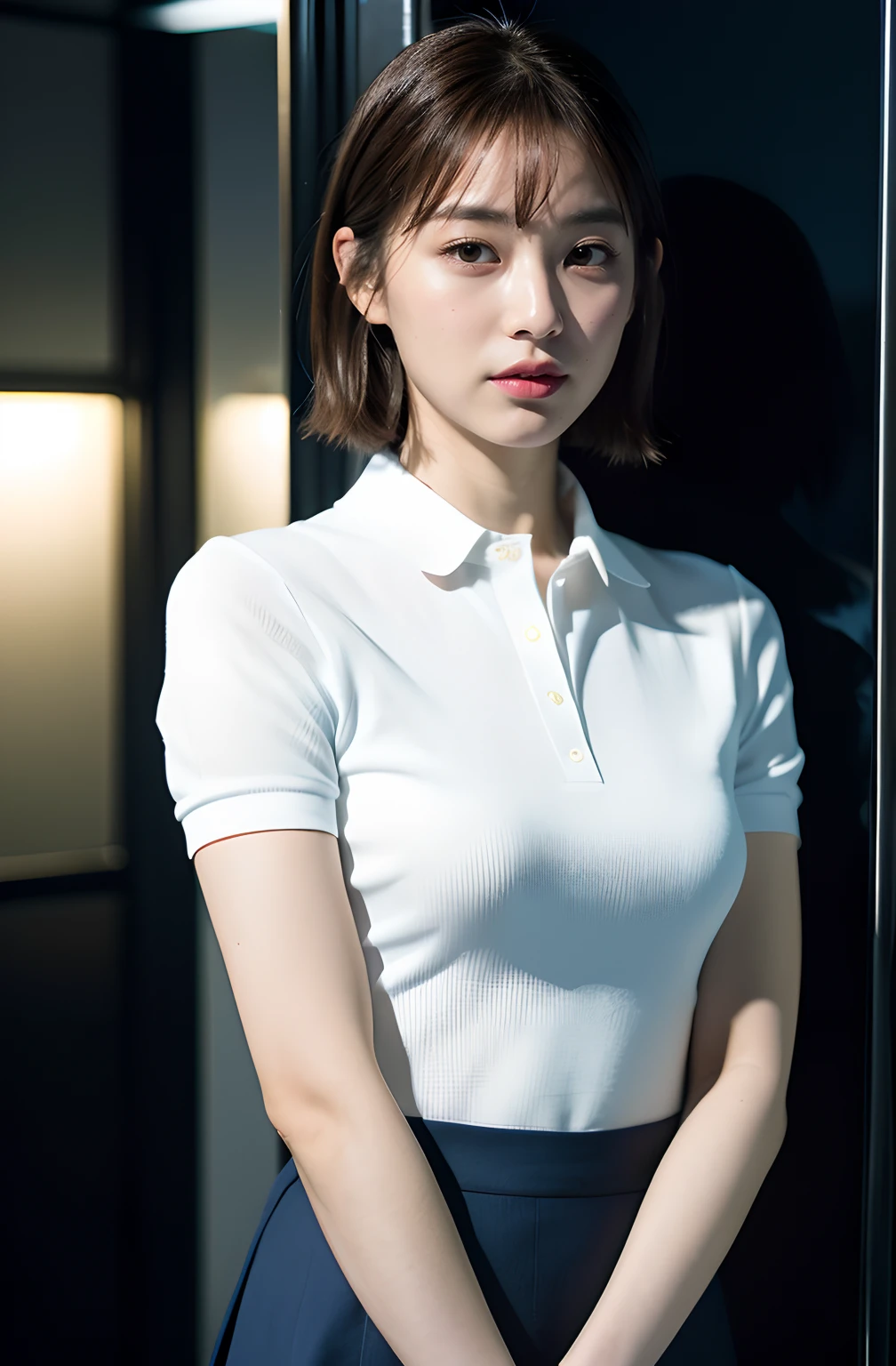 ((8K)、top-quality、masterpiece、超A high resolution:1.2)Photo Beautiful Japan woman(pleasing:1.1) Elegance、There is a good、Gradient lighting、1girl in、Delicate skin、Look into the distance、Brown-eyed、(short hair with bangs:1.2)、(Medium chest:1.0)、(medium areola:0.8)、(realisitic:1.4)、(top-quality:1.0)、(超A high resolution:1.0)、8K、Raw photography、(masterpiece:0.2)、(pureerosface_v1:0.5)、Contrast Trim Polo Neck Bodycon Dress、Onepiece、Polo shirt style dresses、Super Mini Length、the skirt is short、cotton clothes、Mini dress、Collared dress、shortsleeves、The clothes are dark blue and the collar is white、Tight silhouette、Super mini skirt length、Ralph lauren、want me、Take your eyes off、JR Yamanote Line at night、on train、by the window、erect through、total darkness、subject、Lean、Look here、tote bags、deep in the night、
