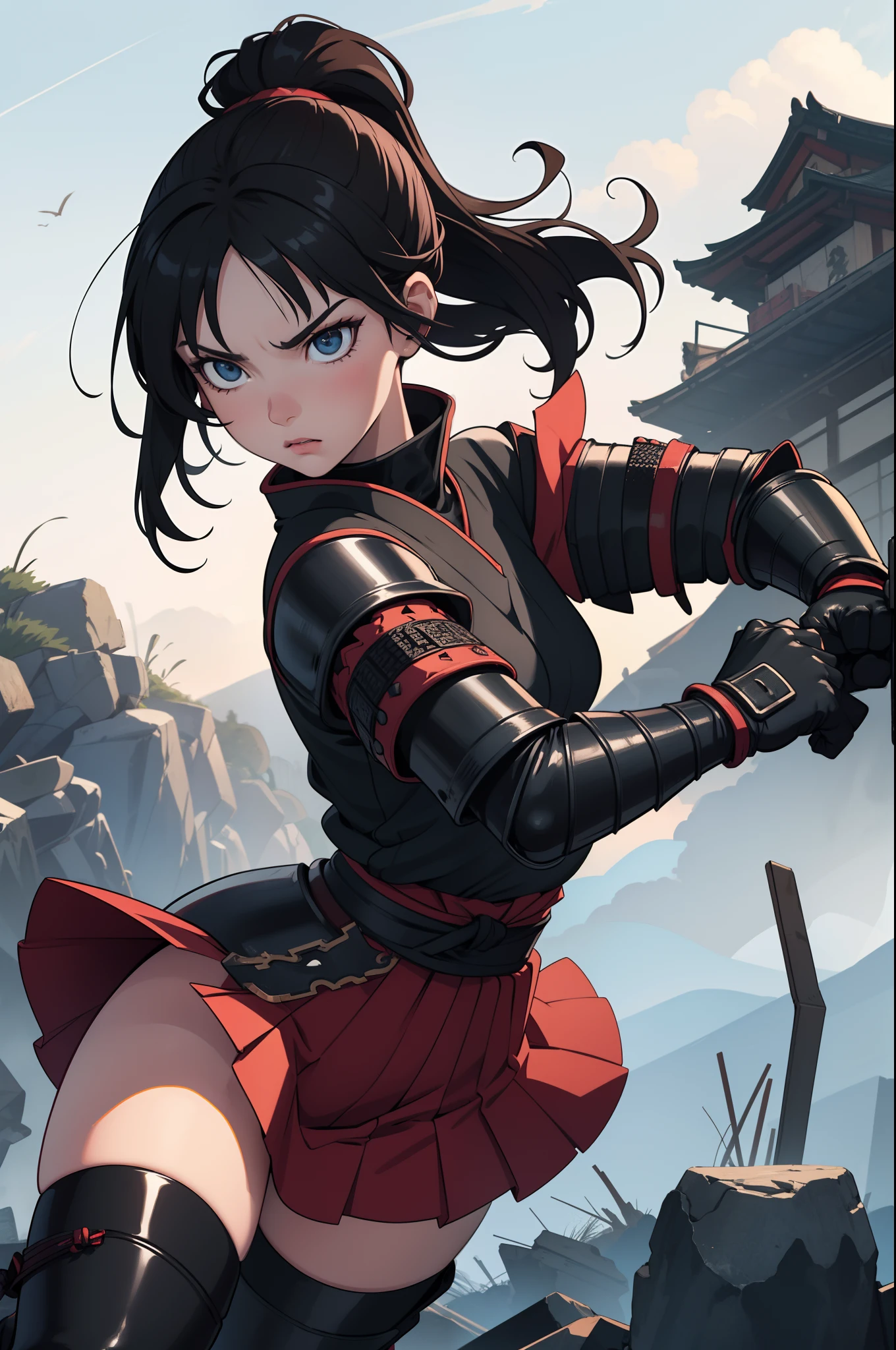 dramatic, gritty, intense, anime character, dynamic fighting pose, 1girl, solo, dark black hair, (tied up hairstyle), wearing gloves, (wearing samurai armor), armored gauntlets, wearing a skirt, boots, modern art, hair covering eyes, clenched fists, forest, beautiful face, beautiful eyes, vibrant colors, night, highest quality digital art, Stunning art, wallpaper 4k, 8k, 64k, HD, unparalleled masterpiece, full body, dynamic lighting, cinematic, epic, cowboy shot