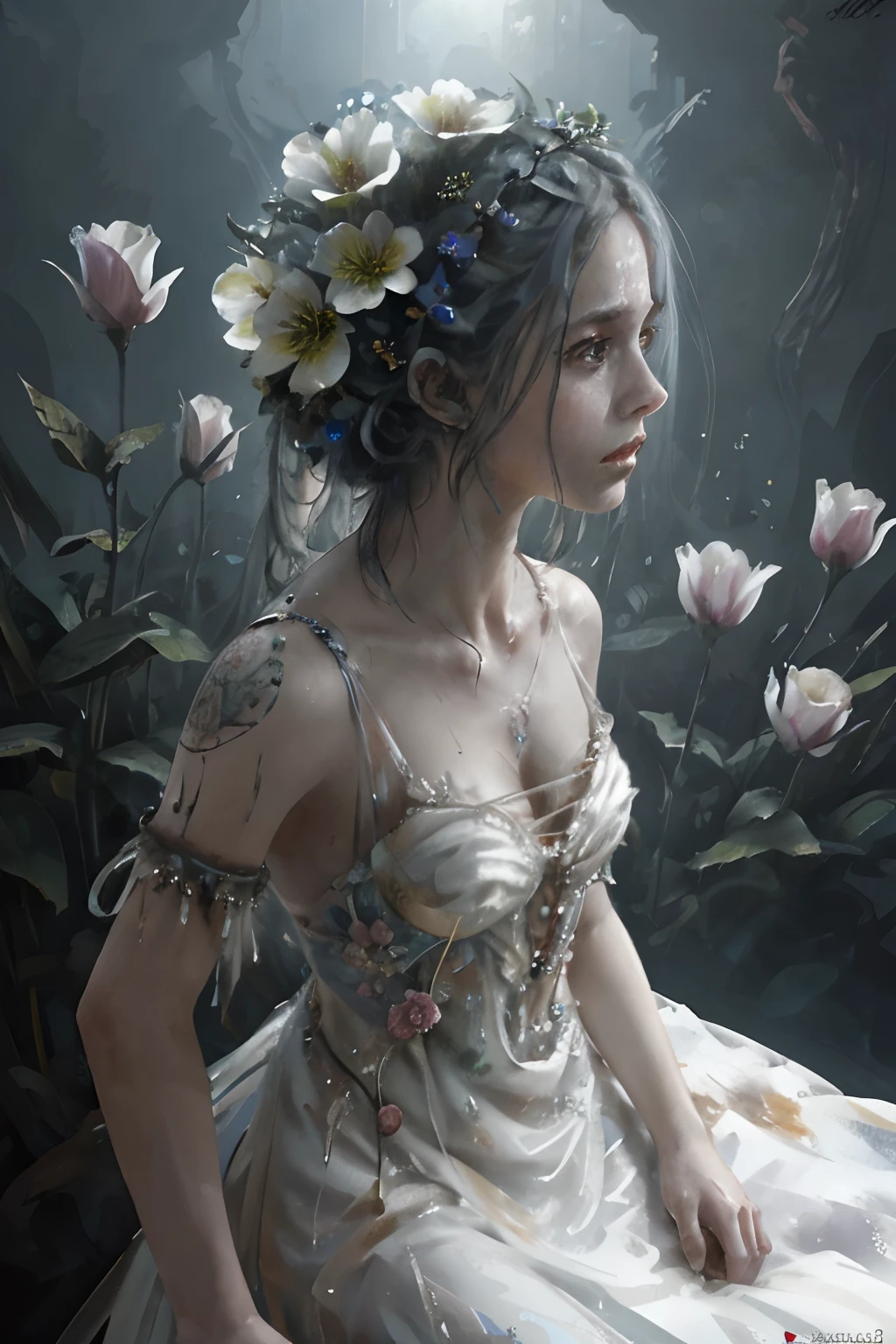 dead rotting girl, in a state of putrefaction, with flowers coming out of her body :: white dress :: Epic cinematic brilliant stunning intricate meticulously detailed dramatic atmospheric maximalist digital matte painting