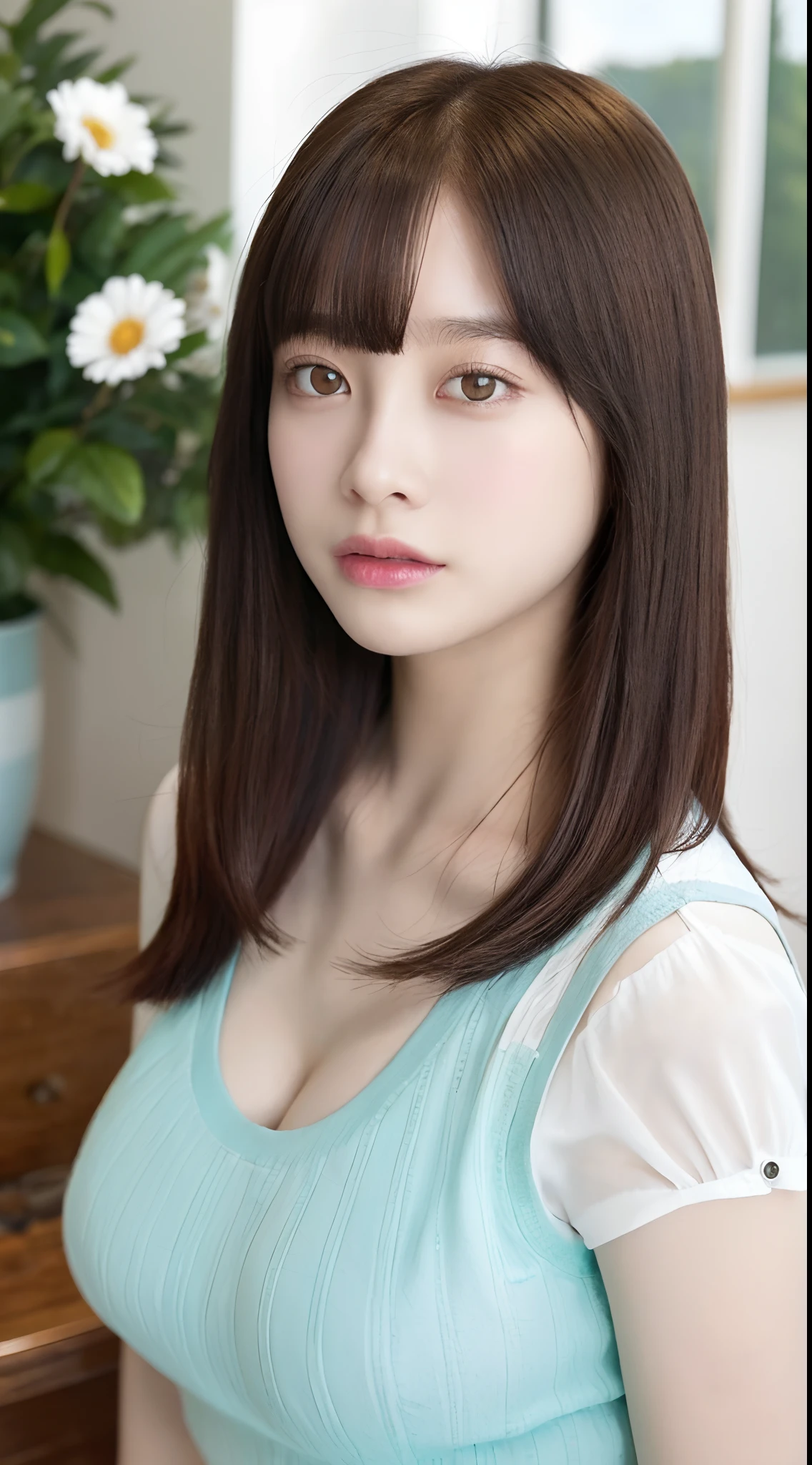 ((top-quality、8K、masterpiece:1.3))、Detail Women:1.3、(Medium Hair、Colossal tits:1.3)、Camisole with a small area、Clothes that emphasize the chest very much、Clothes with open cleavage、Clothes that expose a lot of skin、lightly dressed、ultra -detail、the detail、eyelid、summer vacation、cafes