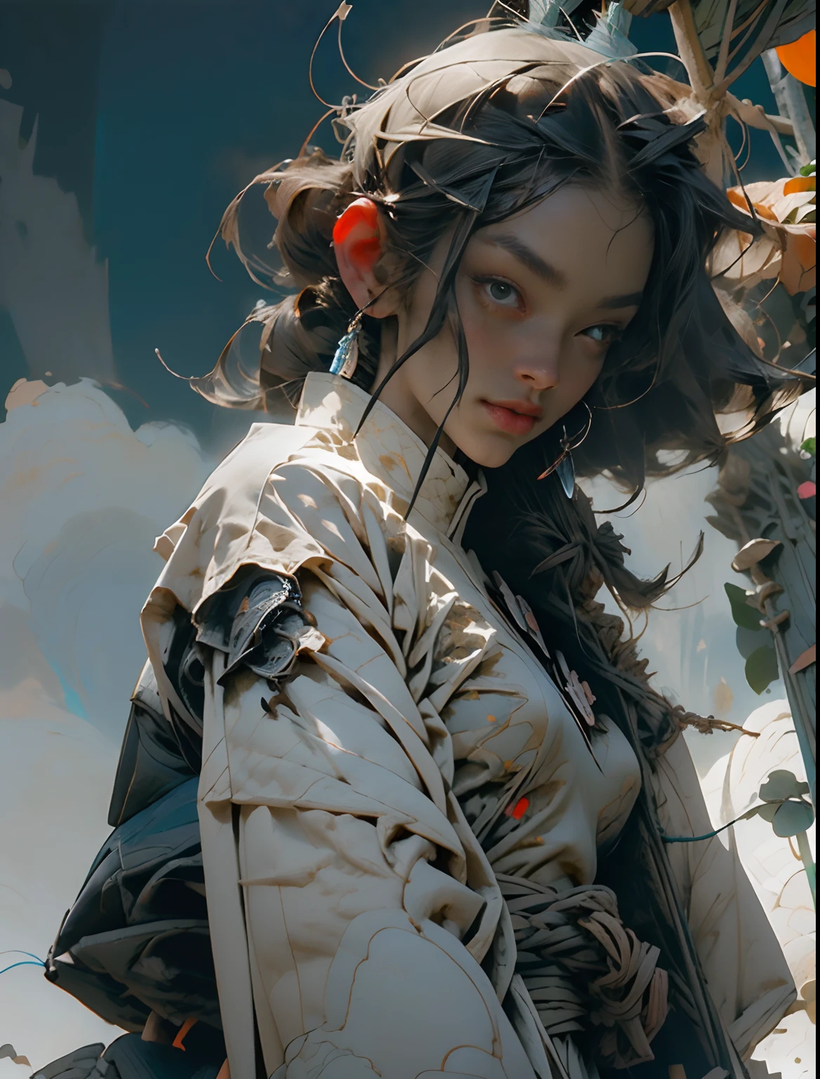1monk warrior girl with white techwear clothes, white long hair, laces, abstract vintage scifi background, art by Moebius, art by Ashley Wood