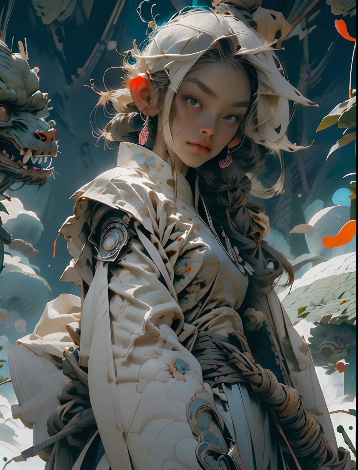 1monk warrior girl with white techwear clothes, white long hair, laces, abstract vintage scifi background, art by Moebius, art by Ashley Wood