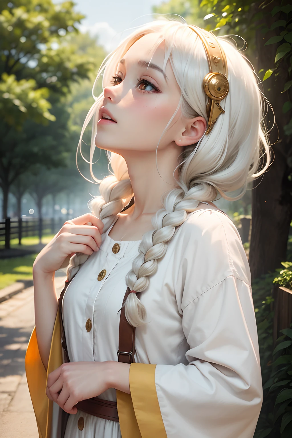 best quality, masterpiece,white hair, gold eyes,white clothes, looking up, upper body,hair strand,Fair skin,side braids, In style of Studio Ghibli