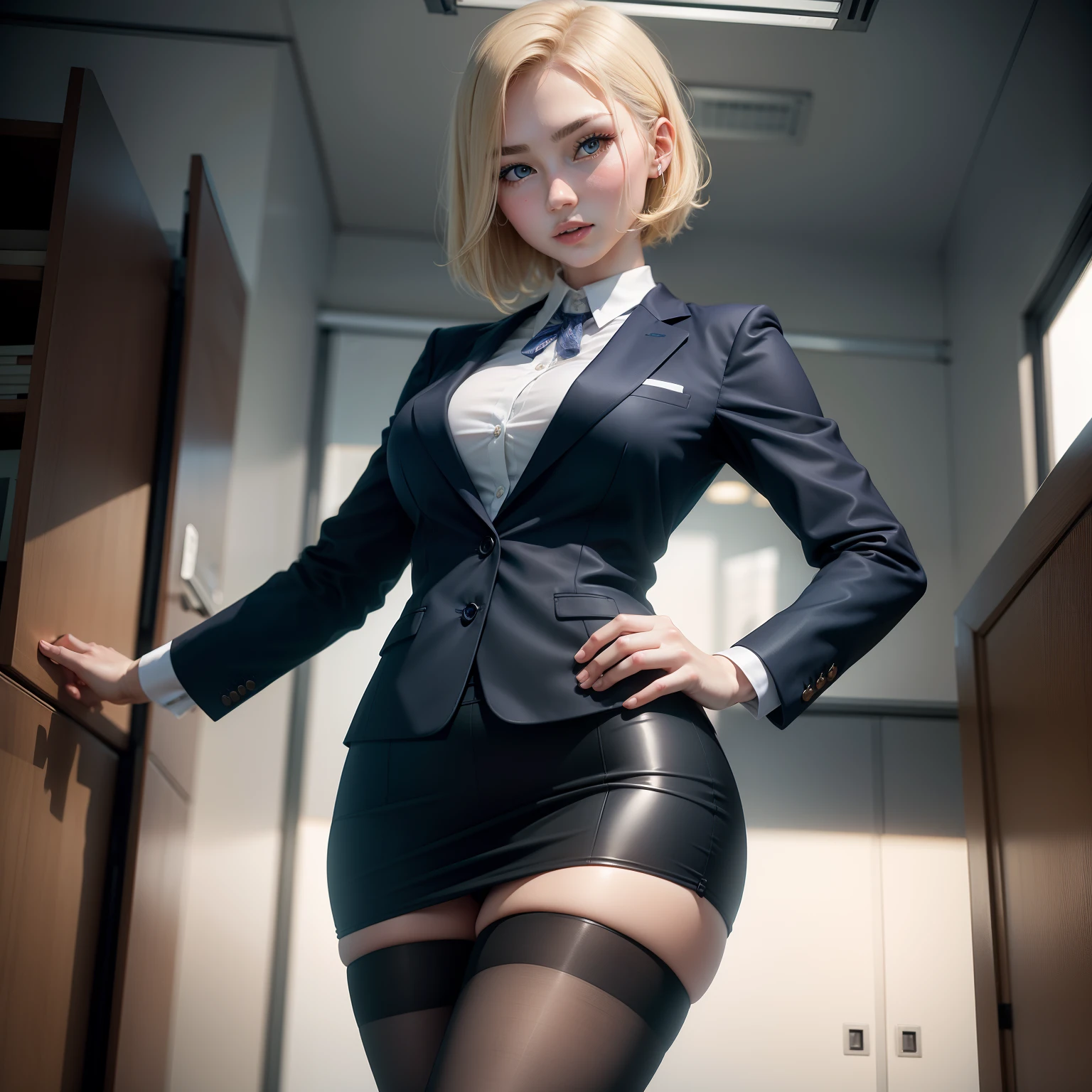 Czech woman、20yr old、Human skin feel、Realistic Woman、OL、Wear a suit、Stockings、ty、s Office、Solo Shot、short-cut、cool expression、a blond、