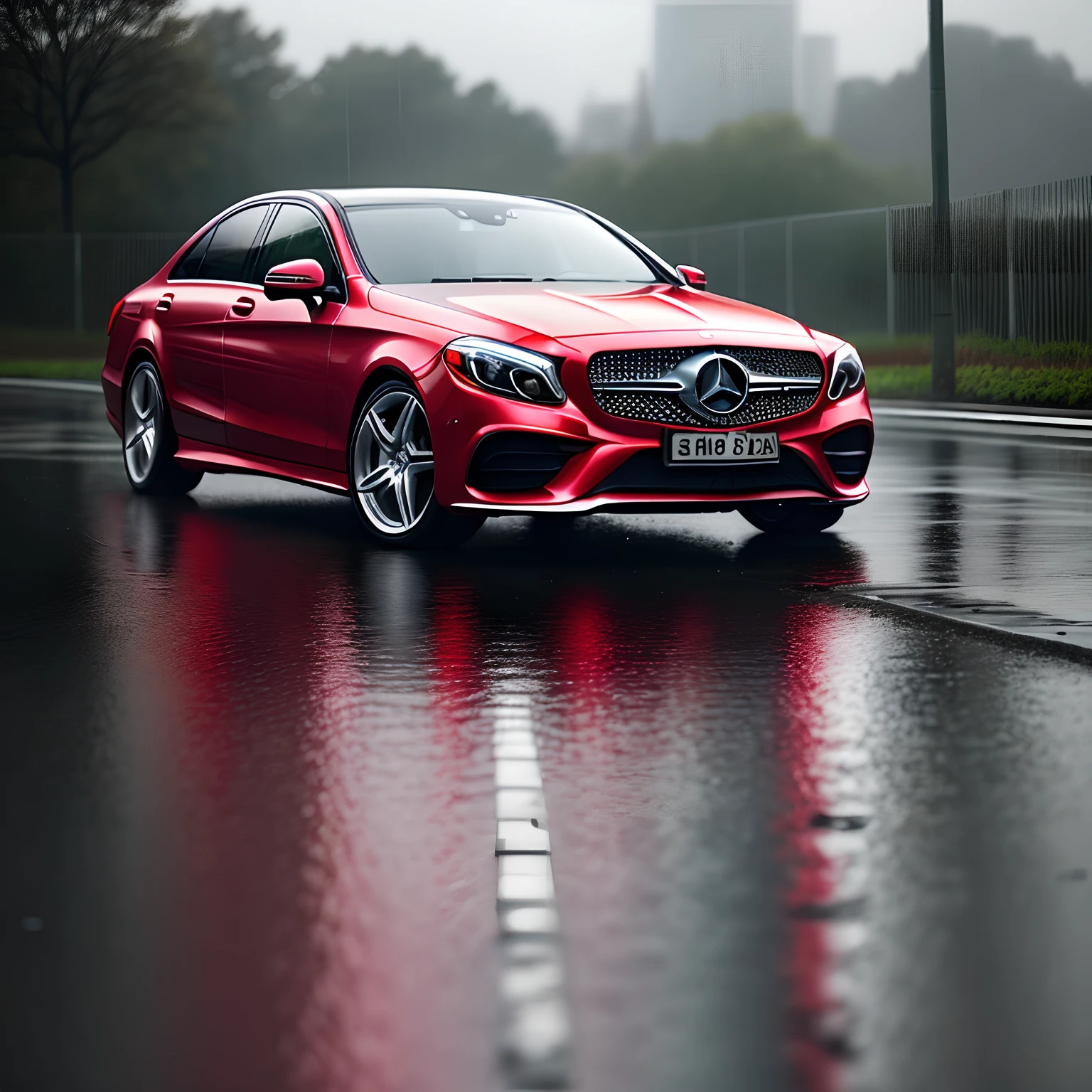 rainy scene, red Mercedes-Benz, ling shot lens