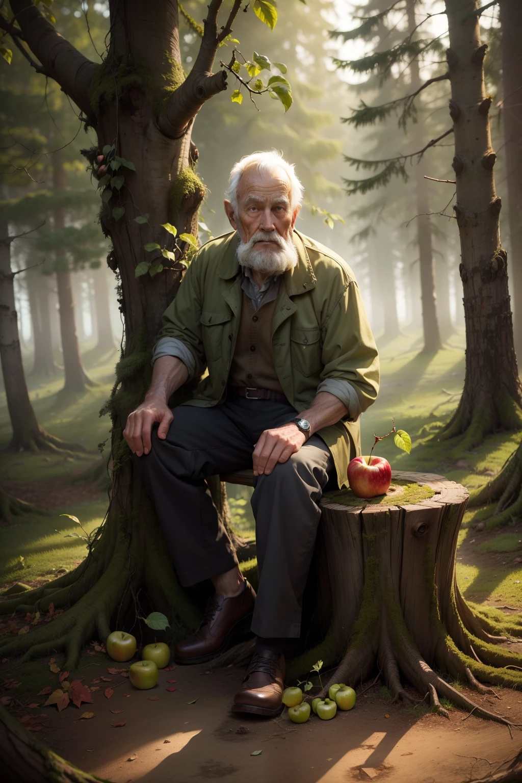 old man,tree stump with an apple sprout, bright light, hdr, 4K resolution