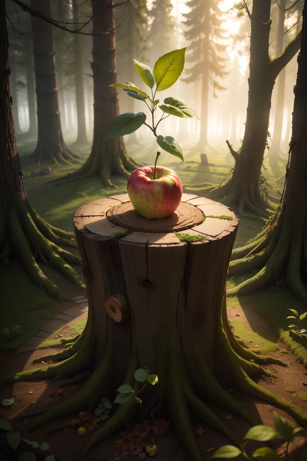 old man,tree stump with an apple sprout, bright light, hdr, 4K resolution