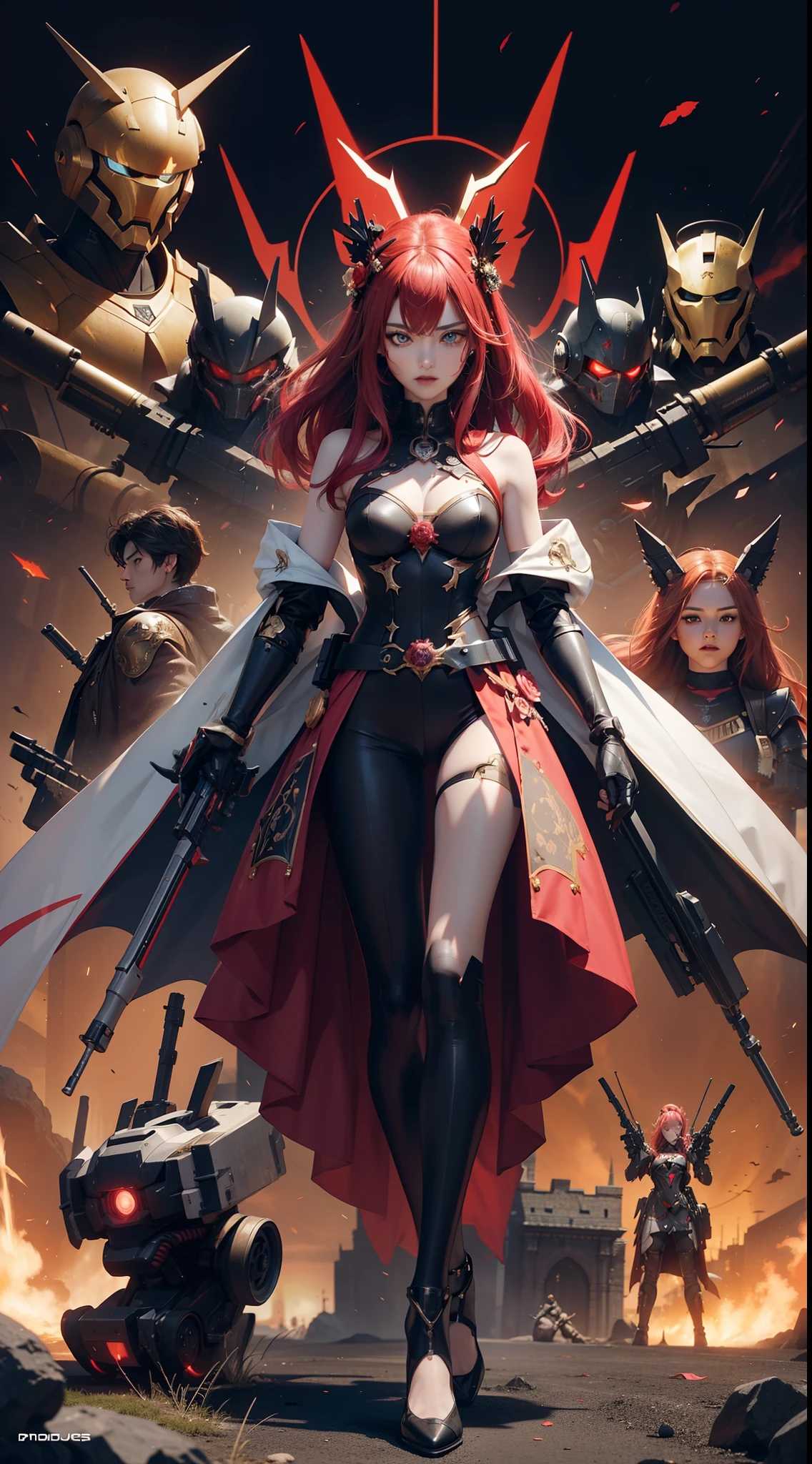 red hairs、1 Female robot、Reddish pinkish dress、Wearing black armor over the dress、place々It is a gold rose design、The skirt of the dress is made of velour fabric、The weapon is a rose thorny gun、There are ring-shaped mines of thorns、The face is covered with a mechanical mask that looks like a motorcycle helmet、The upper part of the mask is reddish-pink、The chin of the mask is white、The mouth of the mask is fangs like a vampire、The eyes of the mask are goggle-shaped、The eyes of the mask are glowing red、The mask has a large black ribbon on the head.、Transformation Belt、Wearing pin heels trimmed with black gold、Battlesuit like a mechanical dress、Each part has frills、8K、Crisp Contours、The octopus mascot character will appear on the screen、The background is a castle garden with blooming roses、a beautiful girl character、Anime Touch、Anime filling、The weapon is a machine gun intertwined with gold and black and rose ivy、Wearing futuristic black metal armor、Armor covers shoulders and chest、cyberpunked、The shadow color is a vivid color、Near future、Clothing Cyber Design、The weapon is a machine gun about your own length、The body is almost robotic、The robot has black armor with golden lines、The armor is a rose design、Gundam、Ahmad Koa、ironman、Armored Trooper Votoms、macross、Squadron theft、Five Star Stories、Elgeim、Giant Female Robot、Cybele、Mobilesuit、Rosen Zuhl、kshatriya、The head is a mechanism、Have a railgun larger than your height、Large and small firearms