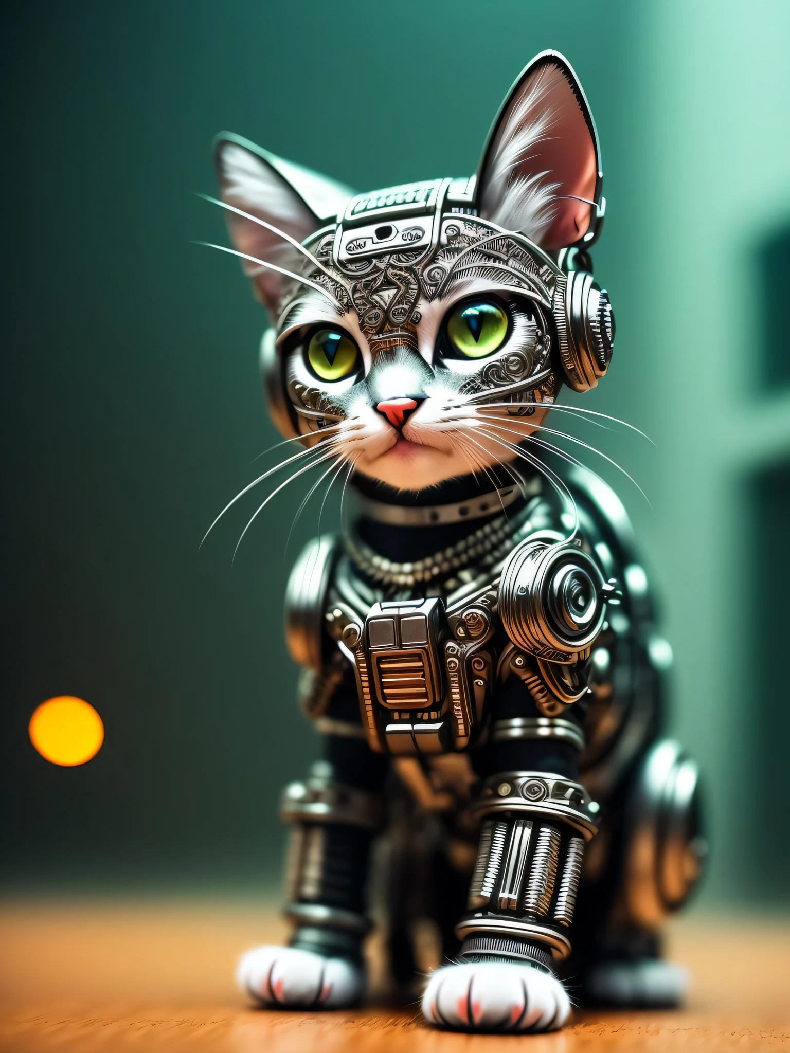a cute kitten made out of metal, cyborg, cyberpunk style, ((intricate details)), hdr, ((intricate details, hyperdetailed)), cinematic shot, vignette