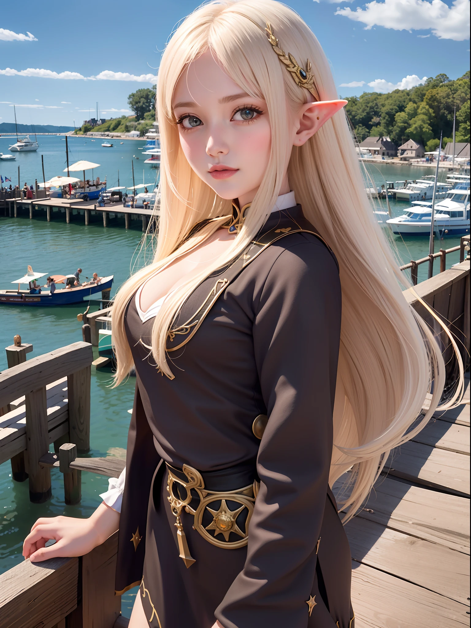 elf girl at the pier, (high fantasy, medieval:1.4), feudal society, lake town, waterfront, wooden boats, upper body, close up to face