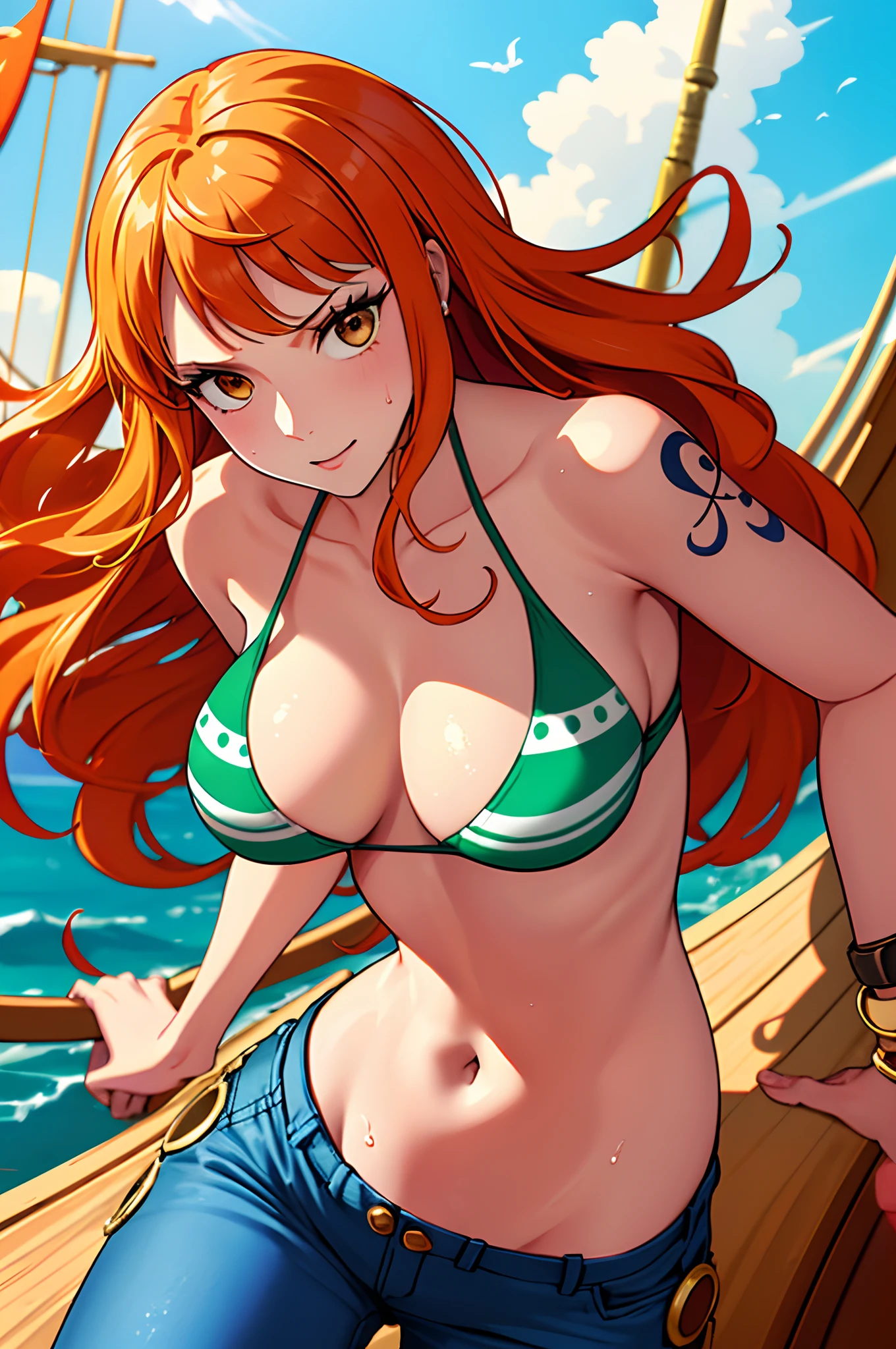 (((masterpiece+best quality+high resolution+ultra-detailed))), 1girl with clima-tact, Nami, long silky orange hair, high nose, sharp eyes, noble and inviolable temperament, (([female]: 1.2 + [beauty]: 1.2 + orange long hair: 1.2)), pirate ship background, blue sky, clouds, log pose, gold bracelets, revealing green and white bikini halter top, tight low-rider jeans, shoulder tattoo, bright eyes, dynamic angle and posture., soaked in sweat, sweating, pants pull, undressing, clothes pull