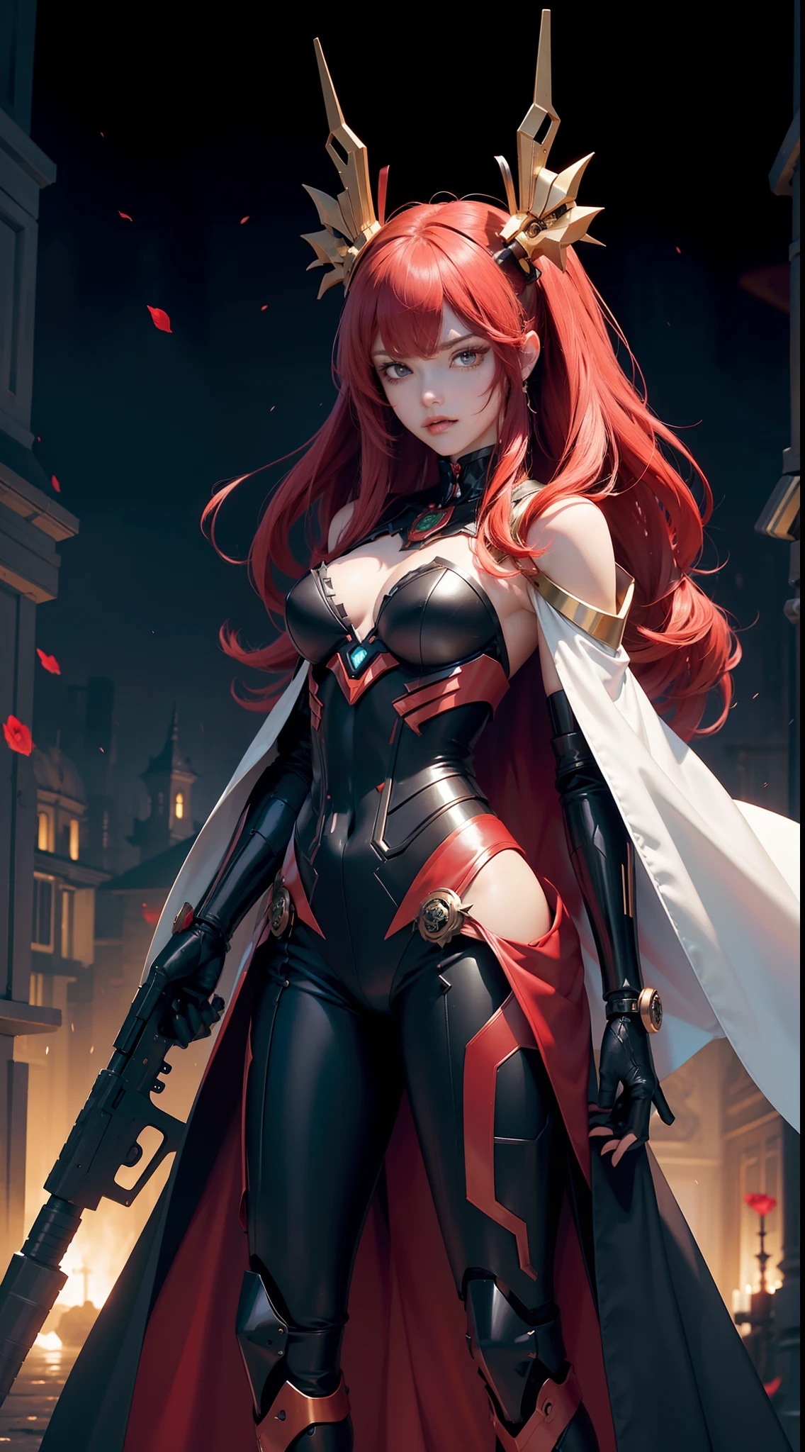 red hairs、1 Female robot、Reddish pinkish dress、Wearing black armor over the dress、place々It is a gold rose design、The skirt of the dress is made of velour fabric、The weapon is a rose thorny gun、There are ring-shaped mines of thorns、The face is covered with a mechanical mask that looks like a motorcycle helmet、The upper part of the mask is reddish-pink、The chin of the mask is white、The mouth of the mask is fangs like a vampire、The eyes of the mask are goggle-shaped、The eyes of the mask are glowing red、The mask has a large black ribbon on the head.、Transformation Belt、Wearing pin heels trimmed with black gold、Battlesuit like a mechanical dress、Each part has frills、8K、Crisp Contours、The octopus mascot character will appear on the screen、The background is a castle garden with blooming roses、a beautiful girl character、Anime Touch、Anime filling、The weapon is a machine gun intertwined with gold and black and rose ivy、Wearing futuristic black metal armor、Armor covers shoulders and chest、cyberpunked、The shadow color is a vivid color、Near future、Clothing Cyber Design、The weapon is a machine gun about your own length、The body is almost robotic、The robot has black armor with golden lines、The armor is a rose design、Gundam、Ahmad Koa、ironman、Armored Trooper Votoms、macross、Squadron theft、Five Star Stories、Elgeim、Giant Female Robot、Cybele、Mobilesuit、Rosen Zuhl、kshatriya、The head is a mechanism、Have a railgun larger than your height、Large and small firearms
