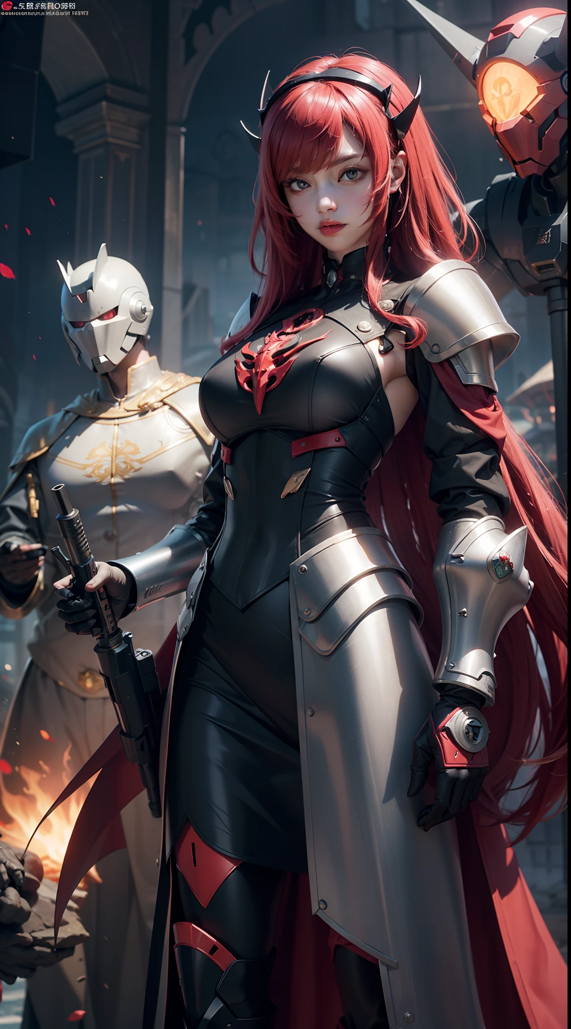 red hairs、1 Female robot、Reddish pinkish dress、Wearing black armor over the dress、place々It is a gold rose design、The skirt of the dress is made of velour fabric、The weapon is a rose thorny gun、There are ring-shaped mines of thorns、The face is covered with a mechanical mask that looks like a motorcycle helmet、The upper part of the mask is reddish-pink、The chin of the mask is white、The mouth of the mask is fangs like a vampire、The eyes of the mask are goggle-shaped、The eyes of the mask are glowing red、The mask has a large black ribbon on the head.、Transformation Belt、Wearing pin heels trimmed with black gold、Battlesuit like a mechanical dress、Each part has frills、8K、Crisp Contours、The octopus mascot character will appear on the screen、The background is a castle garden with blooming roses、a beautiful girl character、Anime Touch、Anime filling、The weapon is a machine gun intertwined with gold and black and rose ivy、Wearing futuristic black metal armor、Armor covers shoulders and chest、cyberpunked、The shadow color is a vivid color、Near future、Clothing Cyber Design、The weapon is a machine gun about your own length、The body is almost robotic、The robot has black armor with golden lines、The armor is a rose design、Gundam、Ahmad Koa、ironman、Armored Trooper Votoms、macross、Squadron theft、Five Star Stories、Elgeim、Giant Female Robot、Cybele、Mobilesuit、Rosen Zuhl、kshatriya、The head is a mechanism、Have a railgun larger than your height、Large and small firearms