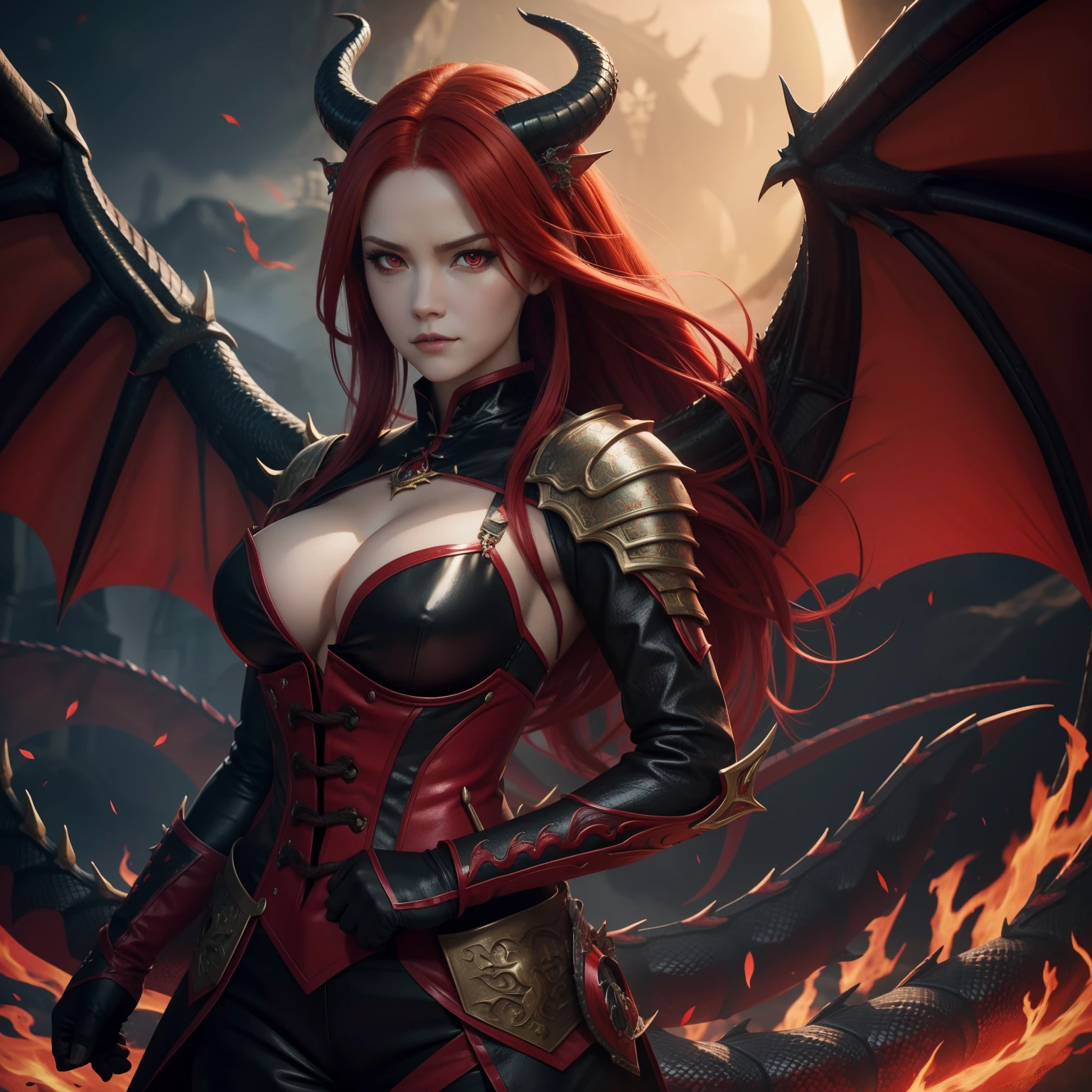 Dragon woman, dragon horn, dragon tail, dragon wings, red hair and red eyes, medieval background, ultra quality, 8k, powers around, intense gaze