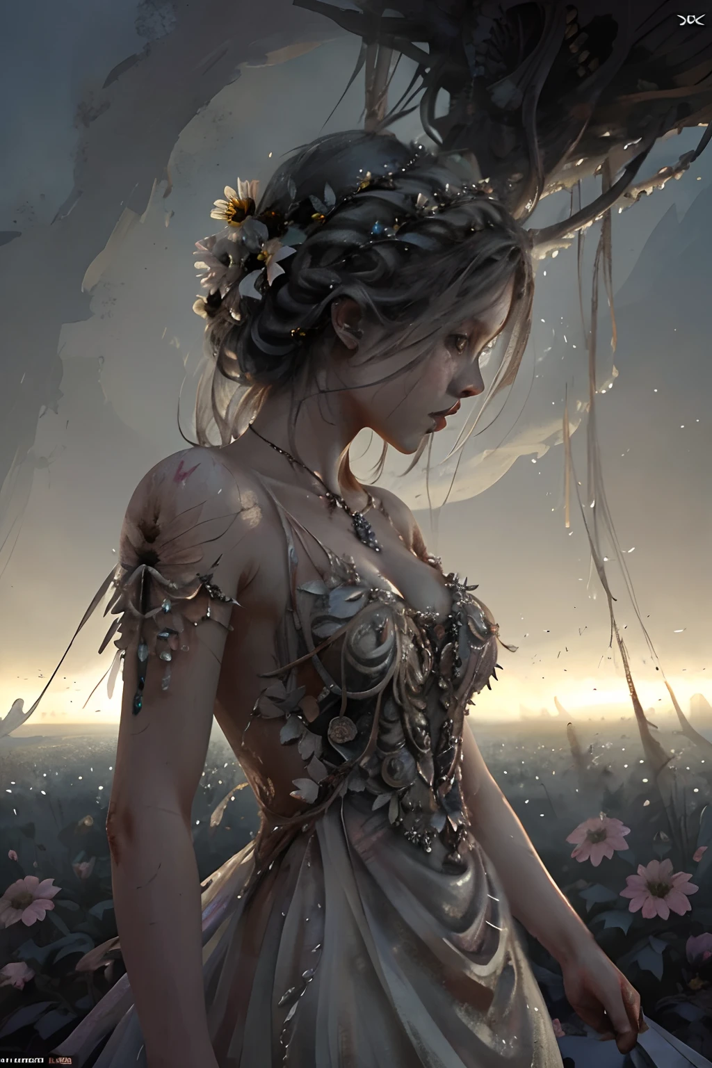 dead rotting girl, in a state of putrefaction, with flowers coming out of her body :: white dress :: Epic cinematic brilliant stunning intricate meticulously detailed dramatic atmospheric maximalist digital matte painting
