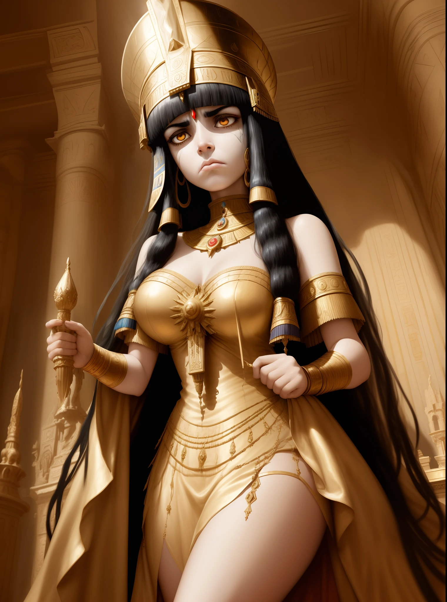 Wide angle of  very sad and angry Cleopatra in the  royal room committing suisude, adorned in an exquisite and chaste dress, emitting an alluring and magical aura, high quality, high detailed faces." High detailed faces