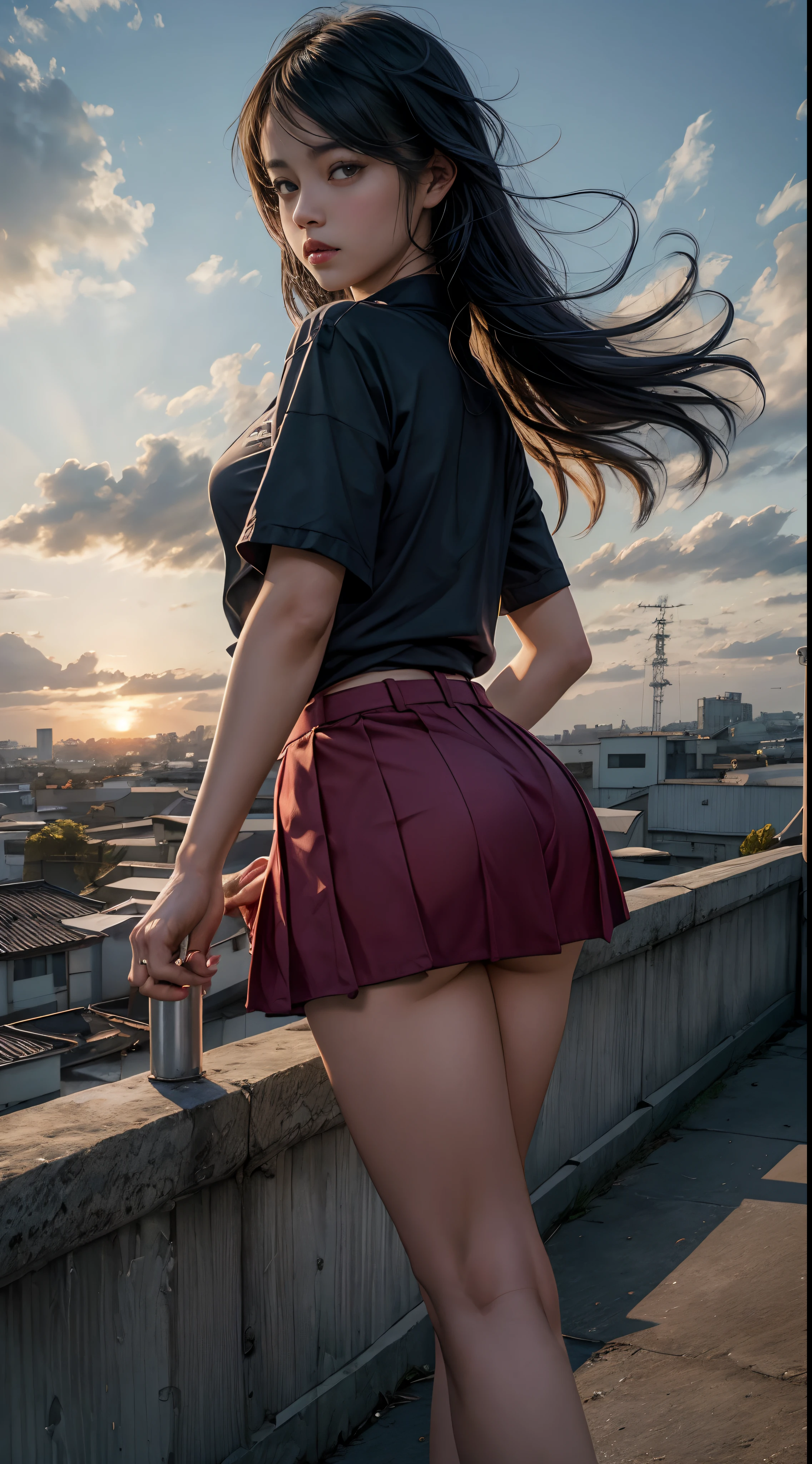 determinada em(a sexy Japanese school uniform:1.2), sozinho, seios grandes, Sagging Tits, ((blusa rasgada uniforme escolar:1.2)), mini saia xadrez, standing on a windswept rooftop during sunset, com vista para uma paisagem urbana, capturando um momento de empoderamento e desafio, with a dynamic pose and intricate details, Arremesso longo