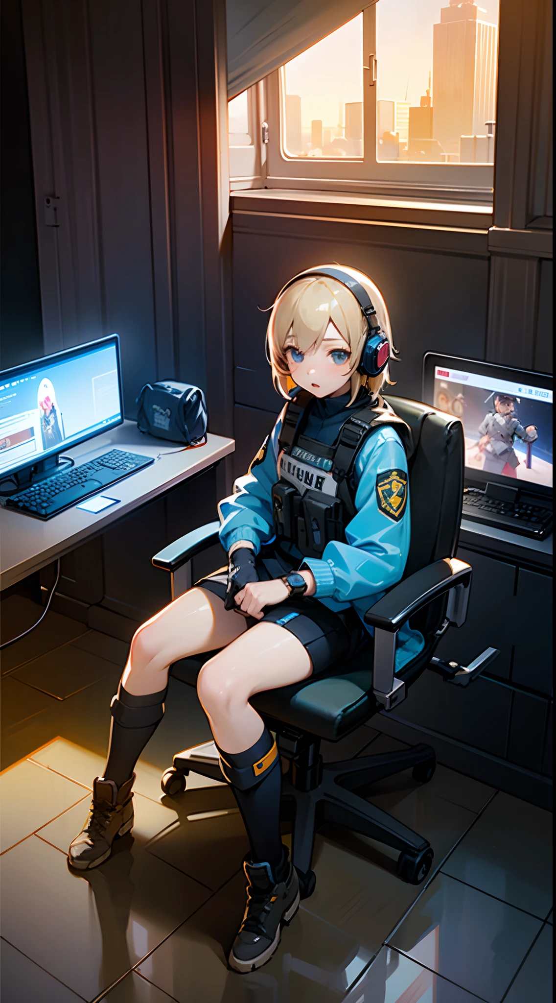 ((High quality)), ((Masterpiece)), 8K, 2girls, bulletproof vest, Light rays, Extremely detailed Cg Unity 8K wallpaper, Game CG, view the viewer, mitts, Boots, full bodyesbian, Watch, Computer, Mask, UAVs, holding weapon, Earphone, Jacket, bag, Backpack,