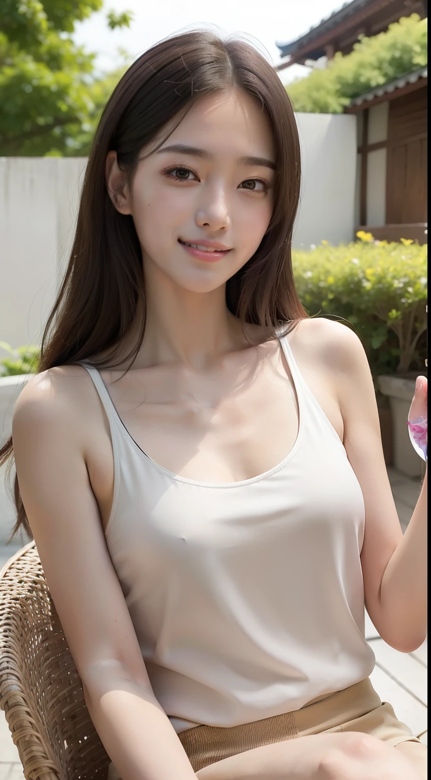 (A hyper-realistic), (illustratio), (hight resolution), (8K), (ighly detailed), (The best illustrations), (beatiful detailed eyes), (top-quality), (ultra-detailliert), (masterpiece), (wall-paper), (详细的脸), Upper body close-up,armpit, a smile,minus,独奏,Girl wearing a simple white tank top and shirt, japanes, Smaller chest, (camel's toe)College girl sitting on the terrace of a café、Long hair swaying in the wind、a cake、looking happy smile、Her eyes sparkle、cheesecake、Happiness、Surrounding flowers々and green plants sway in the wind、Calm weather