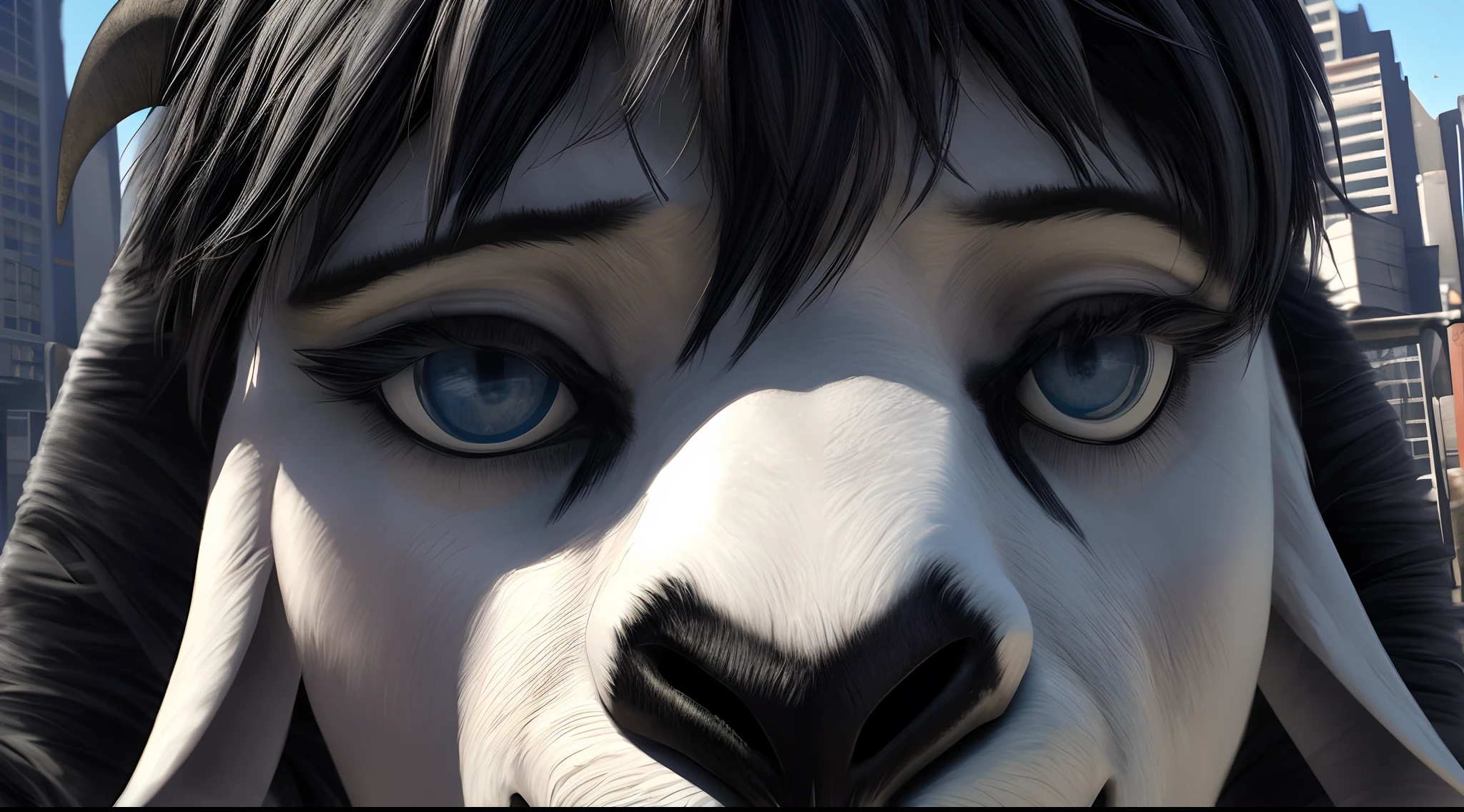 High-quality, masterpiece, artwork, 4K resolution, photorealistic, highly detailed, male, naked, no genilaia showing, city ground, daylight, vivid colors, based on Paru Itagaki, close-up shot, furry style, furry goat, black beard, black head hair, black goatee, white fur, white goat fur, goat ears, goat curled horns, stylish, fursuit, fursona, blue eyes, black goat pupil