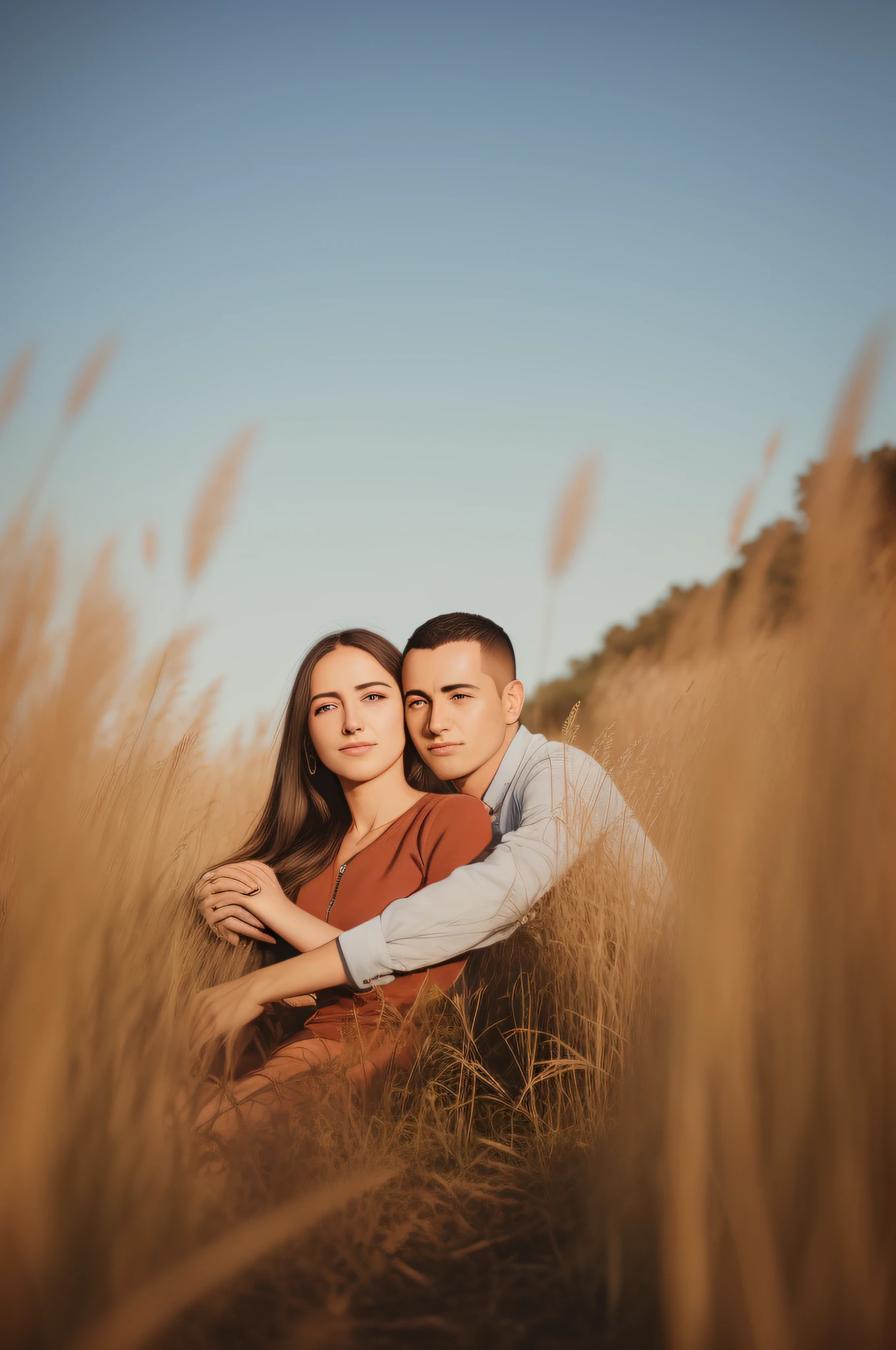 Arafed couple embraced in a field of tall grass, posando no campo de trigo, 7 0 mm portrait, Tiro na Hora de Ouro, na hora dourada, Retrato tirado 8 K, retrato de casais, Foto Golden Hour, retrato de casal, fotografia golden hour, Retrato de 60mm, Retrato de 50mm, sentado em um campo, bottom angle, em um campo de trigo