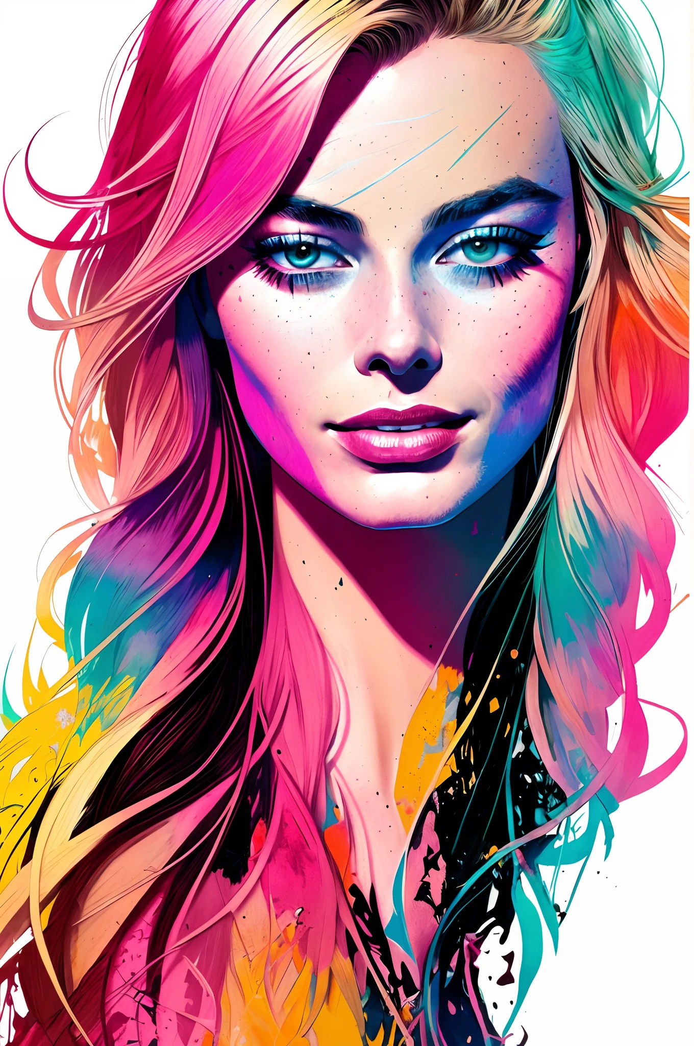 Margot Robbie, centrada, visual clave, intrincada, altamente detallada, Belleza impresionante, Lineart preciso, Vibrant and complete cinematics, Carne Griffiths, Conrad Roset, (the most beautiful portrait in the world: 1.5)