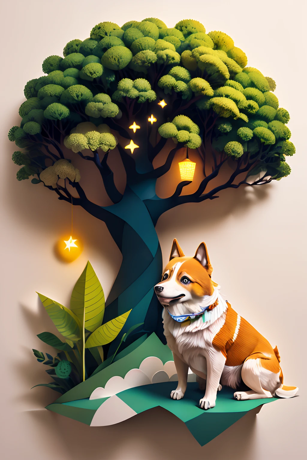 (((obra-prima))), melhor qualidade, illustration, lindodetalheedglow, papel_cortar, dog, tree, ..lua