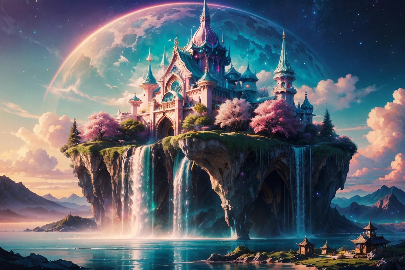 Envision a mesmerizing scene of a magnificent realm of romantic dreams. The environment is filled with intricate floating islands, fluffy clouds, waterfalls cascading from the floating islands, and a vibrant, surreal atmosphere. The atmosphere is filled with a sense of wonder and tranquility. Include many shades of vibrant jewel-toned hues. This scene will be depicted in an anime-style illustration, with soft lines, pastel colors, and a whimsical touch. All buildings are extremely detailed and elegant. The artwork will capture the ethereal beauty and tranquility of the dreamlike realm, creating a sense of harmony and escape from the ordinary world. Include teal water, colorful watercolor skies, glowing elements, and many small fantasy details including iridescence, expertly created majestic landscapes, and shimmer and glimmer. Above all else, this should look like a fantasy artwork. Include lots of vibrant color and vaguely surreal details.