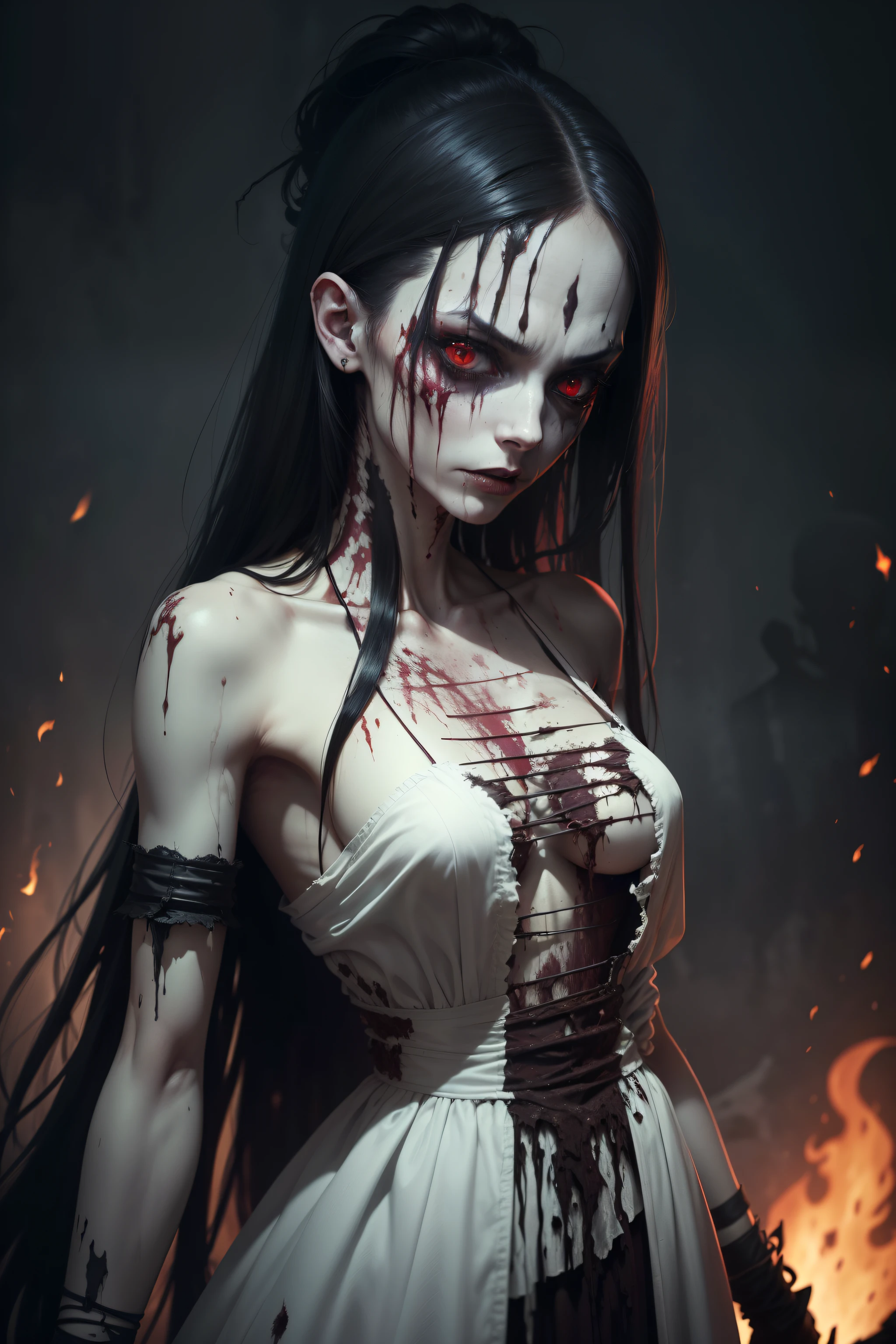 A very pal humanoid character, with red eyes, her name is (The Englewood Witch), she is crazy, nuts, horror, she is creepy, she is scary, shock value, very evil, she is skinny, evoke, fear, terror, dread, decay, disgust, she is a Psycho, dark, unusually thin, thin, scraggly, emaciated, twisted, frightening, sick, dark background, long white_dress, gore, bloody_hands, solo, close up, (messy_long_dark_hair), fog, evil eyes, eyes glowing, fire in the background, (she is wearing a very dirty old torn_white_dress), covered in slugs