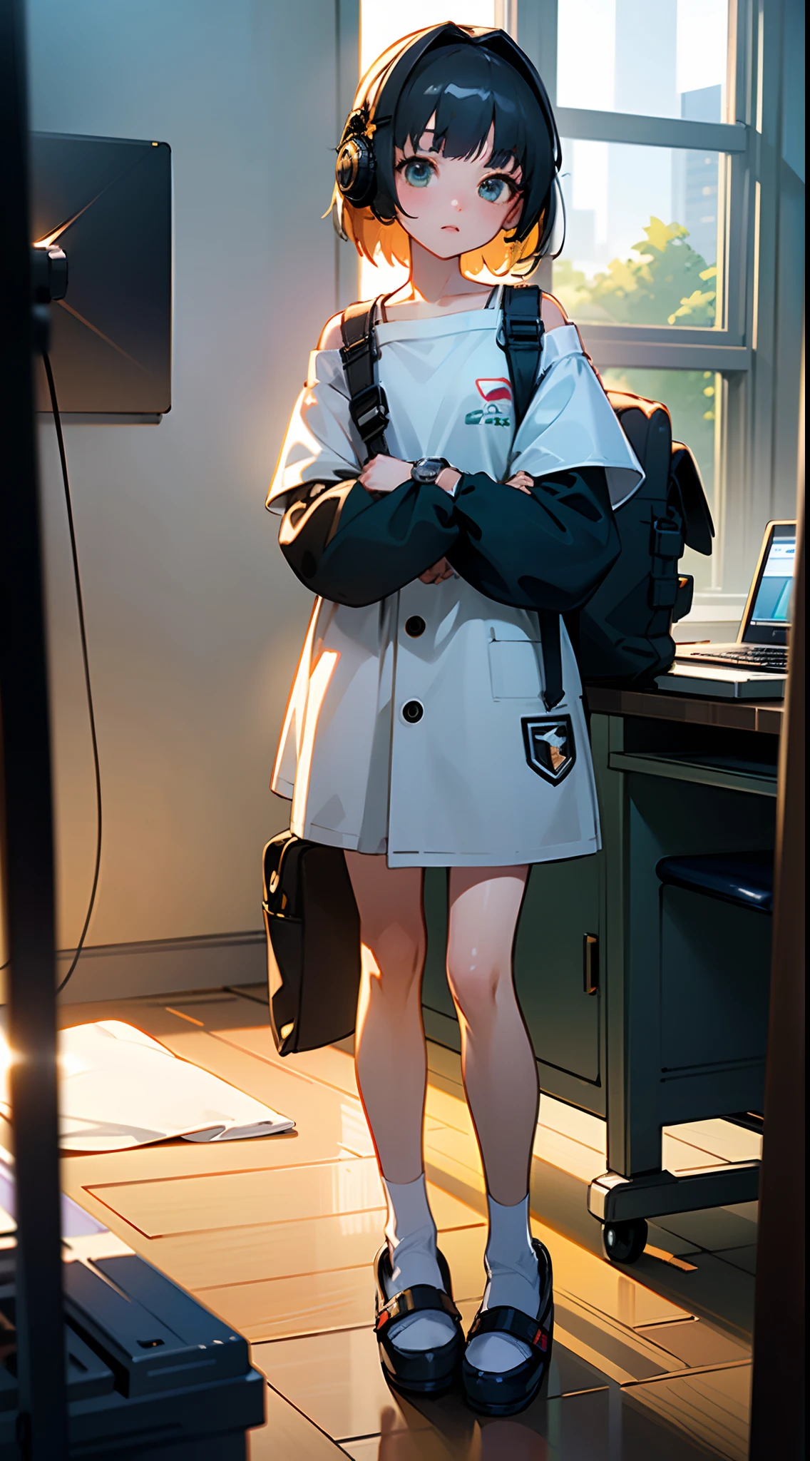 ((High quality)), ((Masterpiece)), 8K, 1girll, Oversized t-shirt with off-the-shoulder shoulders, Light rays, Extremely detailed Cg Unity 8K wallpapers, Game CG, view the viewer, mitts, slippers, full bodyesbian, Watch, Computer, Mask, Earphone, bag, Backpack,