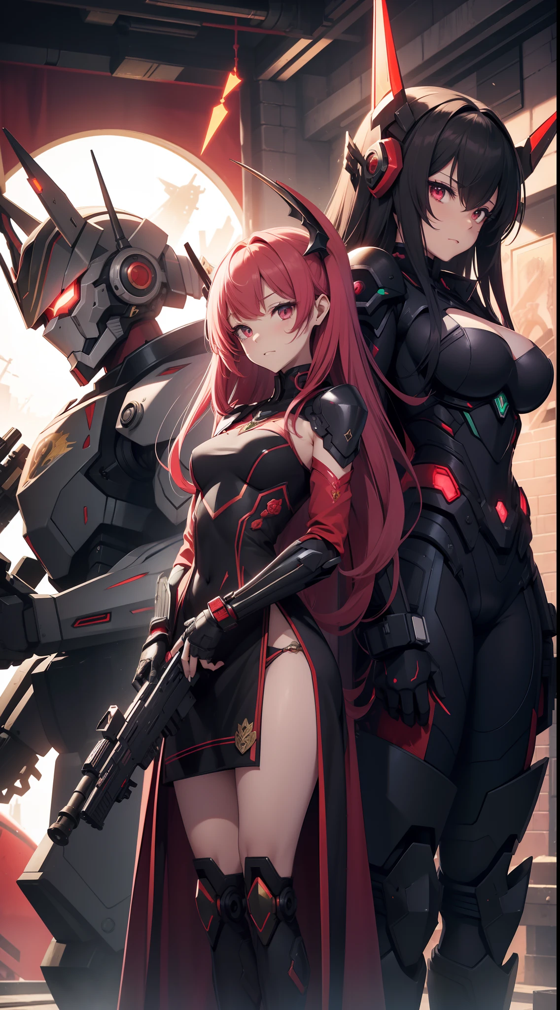 red hairs、1 Female robot、Reddish pinkish dress、Wearing black armor over the dress、place々It is a gold rose design、The skirt of the dress is made of velour fabric、The weapon is a rose thorny gun、There are ring-shaped mines of thorns、The face is covered with a mechanical mask that looks like a motorcycle helmet、The upper part of the mask is reddish-pink、The chin of the mask is white、The mouth of the mask is fangs like a vampire、The eyes of the mask are goggle-shaped、The eyes of the mask are glowing red、The mask has a large black ribbon on the head.、Transformation Belt、Wearing pin heels trimmed with black gold、Battlesuit like a mechanical dress、Each part has frills、8K、Crisp Contours、The octopus mascot character will appear on the screen、The background is a castle garden with blooming roses、a beautiful girl character、Anime Touch、Anime filling、The weapon is a machine gun intertwined with gold and black and rose ivy、Wearing futuristic black metal armor、Armor covers shoulders and chest、cyberpunked、The shadow color is a vivid color、Near future、Clothing Cyber Design、The weapon is a machine gun about your own length、The body is almost robotic、The robot has black armor with golden lines、The armor is a rose design、Gundam、Ahmad Koa、ironman、Armored Trooper Votoms、macross、Squadron theft、Five Star Stories、Elgeim、Giant Female Robot、Cybele、Mobilesuit、Rosen Zuhl、kshatriya、The head is a mechanism、Have a railgun larger than your height、Large and small firearms、Female android has a big axe bigger than her golden height、A young lady-type android with a giant Gatling gun、Includes all elements