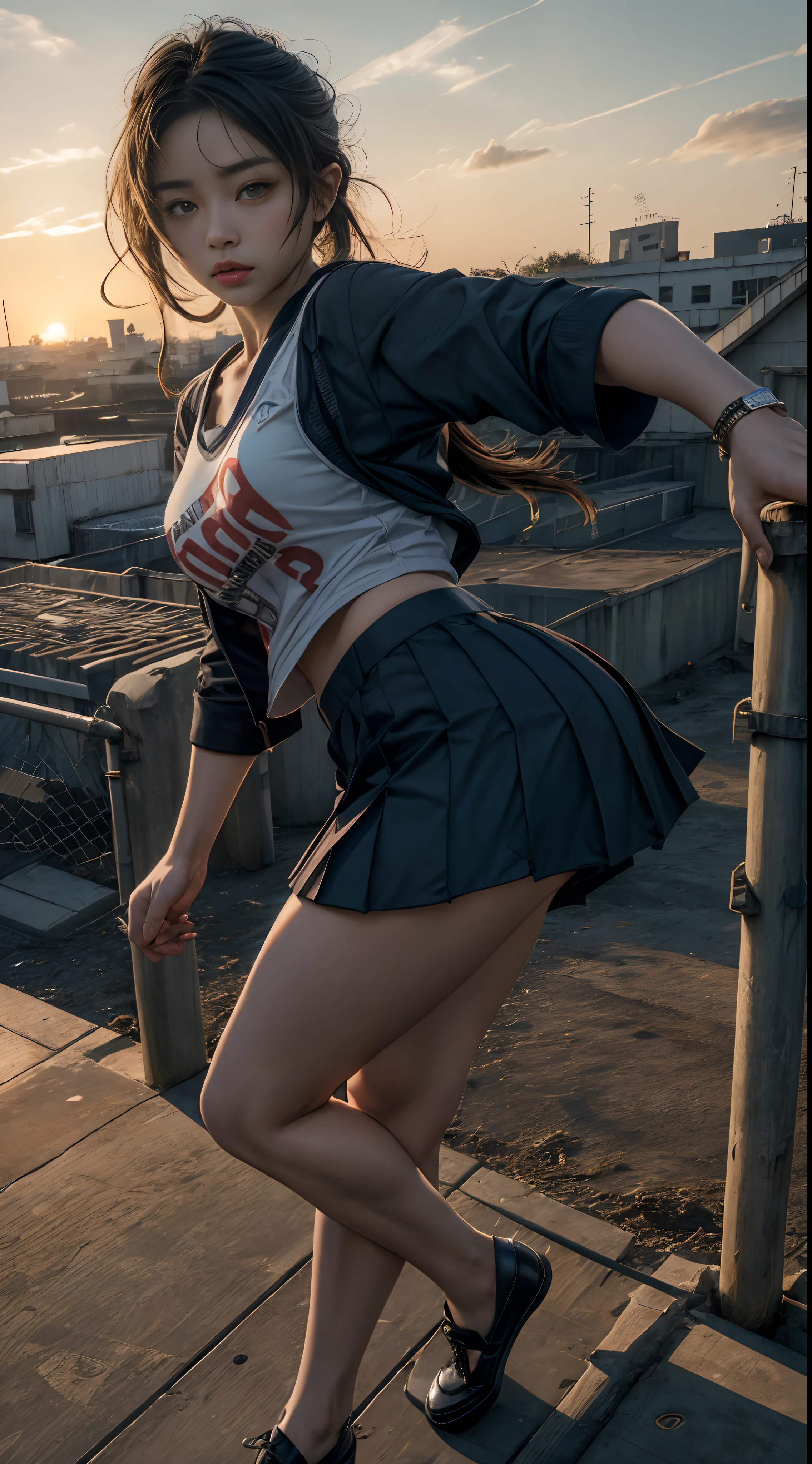 determinada em(a sexy Japanese school uniform:1.2), sozinho, seios grandes, Sagging Tits, ((blusa rasgada uniforme escolar:1.2)), mini saia xadrez, standing on a windswept rooftop during sunset, com vista para uma paisagem urbana, capturando um momento de empoderamento e desafio, with a dynamic pose and intricate details, Arremesso longo
