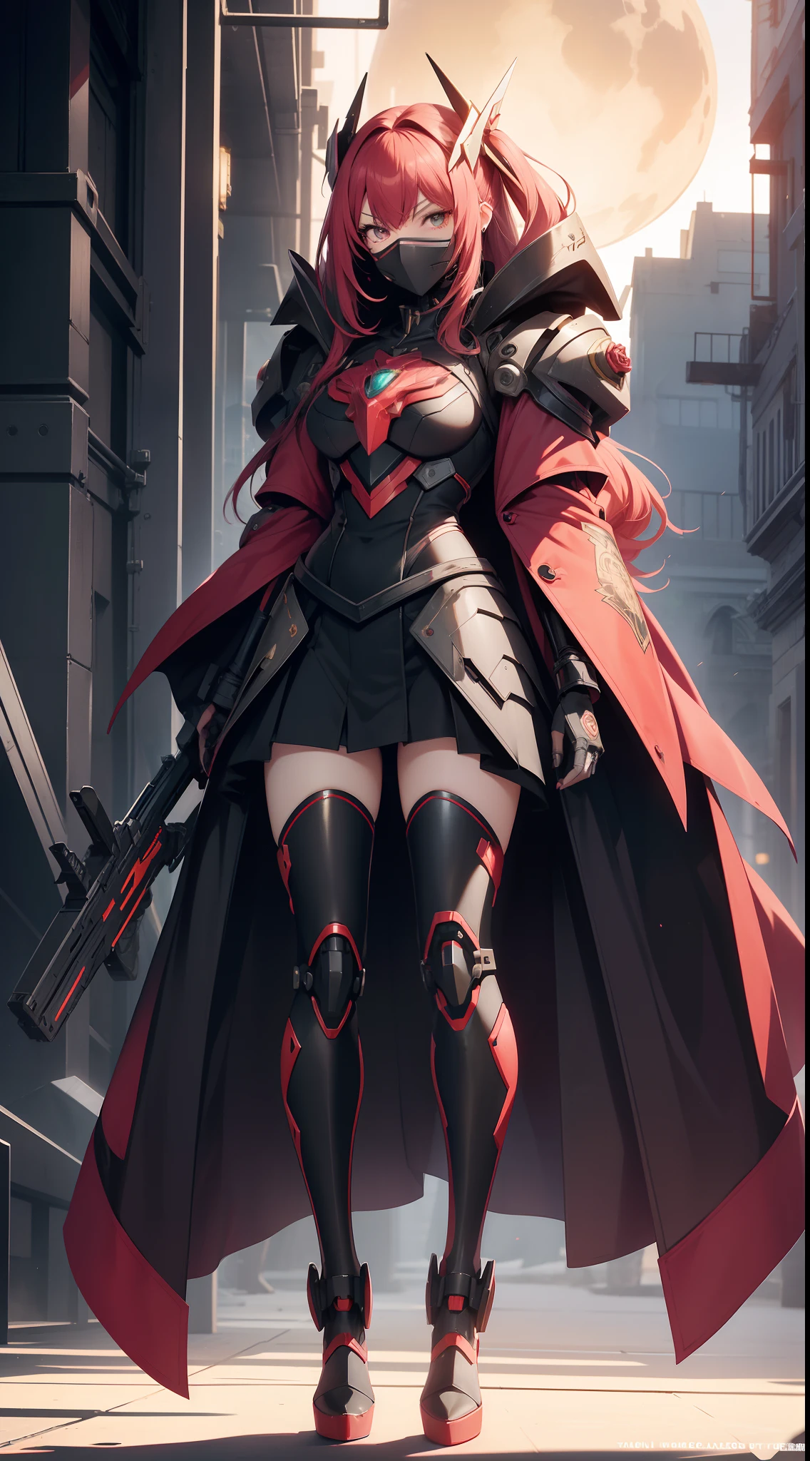 red hairs、1 Female robot、Reddish pinkish dress、Wearing black armor over the dress、place々It is a gold rose design、The skirt of the dress is made of velour fabric、The weapon is a rose thorny gun、There are ring-shaped mines of thorns、The face is covered with a mechanical mask that looks like a motorcycle helmet、The upper part of the mask is reddish-pink、The chin of the mask is white、The mouth of the mask is fangs like a vampire、The eyes of the mask are goggle-shaped、The eyes of the mask are glowing red、The mask has a large black ribbon on the head.、Transformation Belt、Wearing pin heels trimmed with black gold、Battlesuit like a mechanical dress、Each part has frills、8K、Crisp Contours、The octopus mascot character will appear on the screen、The background is a castle garden with blooming roses、a beautiful girl character、Anime Touch、Anime filling、The weapon is a machine gun intertwined with gold and black and rose ivy、Wearing futuristic black metal armor、Armor covers shoulders and chest、cyberpunked、The shadow color is a vivid color、Near future、Clothing Cyber Design、The weapon is a machine gun about your own length、The body is almost robotic、The robot has black armor with golden lines、The armor is a rose design、Gundam、Ahmad Koa、ironman、Armored Trooper Votoms、macross、Squadron theft、Five Star Stories、Elgeim、Giant Female Robot、Cybele、Mobilesuit、Rosen Zuhl、kshatriya、The head is a mechanism、Have a railgun larger than your height、Large and small firearms、Female android has a big axe bigger than her golden height、A young lady-type android with a giant Gatling gun、Includes all elements
