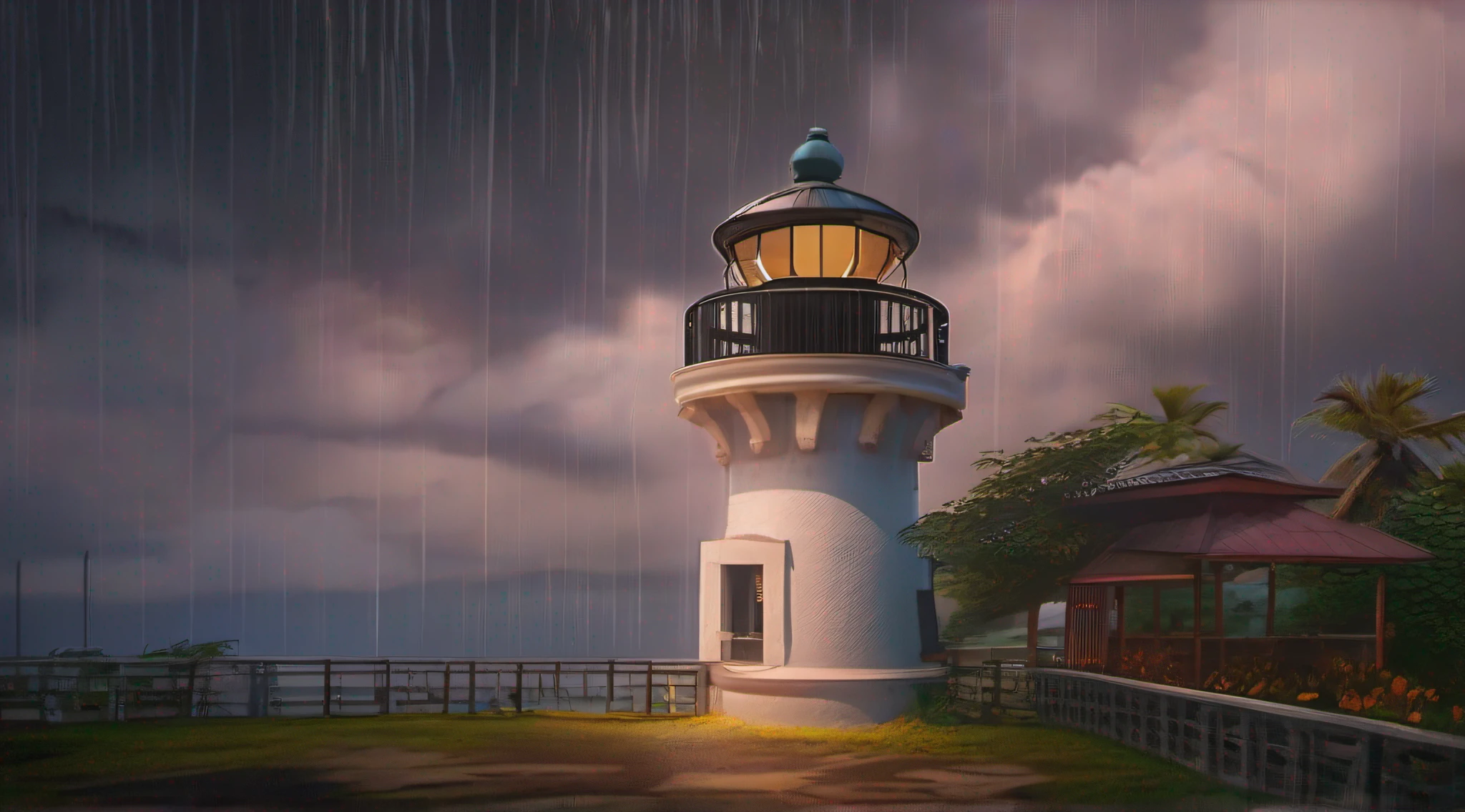 Foto de 8k farol ultra realista na ilha , chuva forte , noite , luz brilhando , mares pesados , cheio de cores , cinematic lighthing , maltratado , Trends in the Arts Station , 4k , hiperrealista , focado , detalhes extremos , motor irreal 5 , cinemactic , obra- prima , Studio art Ghibli illustration