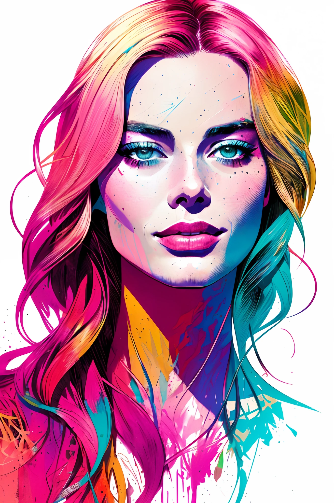 Margot Robbie, centrada, visual clave, intrincada, altamente detallada, Belleza impresionante, Lineart preciso, Vibrant and complete cinematics, Carne Griffiths, Conrad Roset, (the most beautiful portrait in the world: 1.5)