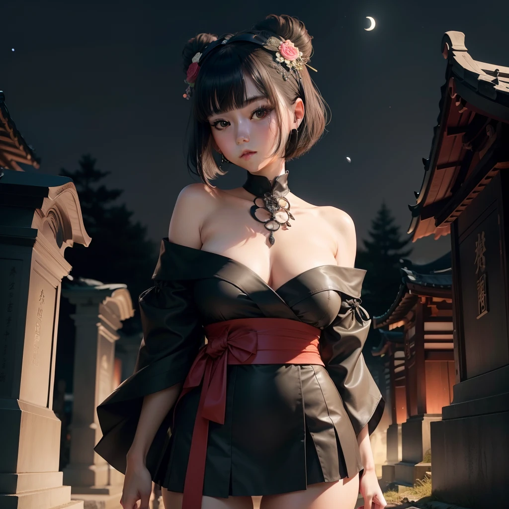 top-quality、realisitic、realisticlying、1Man Woman、Japan Cemetery at night(I see the moon、Large skeleton on the back)、细致背景、Tense and attractive look、Like a raw photo、、Attractive thighs、A detailed face、Black hair、bob cuts、Red Kimono(off shoulders、legs are exposed、a miniskirt、Skull Hair Accessories)、detailed costume、Amazing costumes、